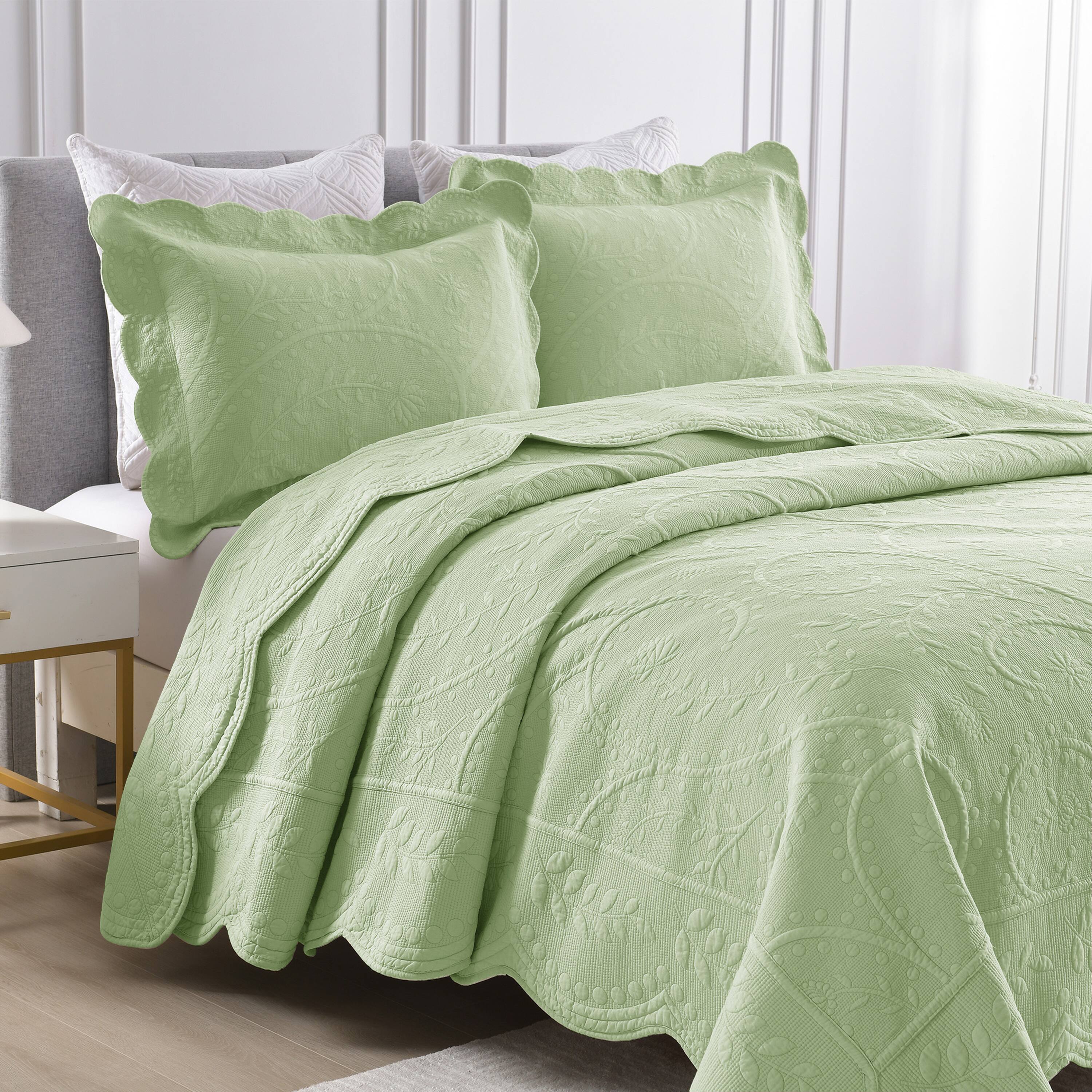 Left. MarCielo - Marcielo 3 Piece 100% Cotton Elegantly Embroidered Oversized Lightweight Quilt Set - Active Green.