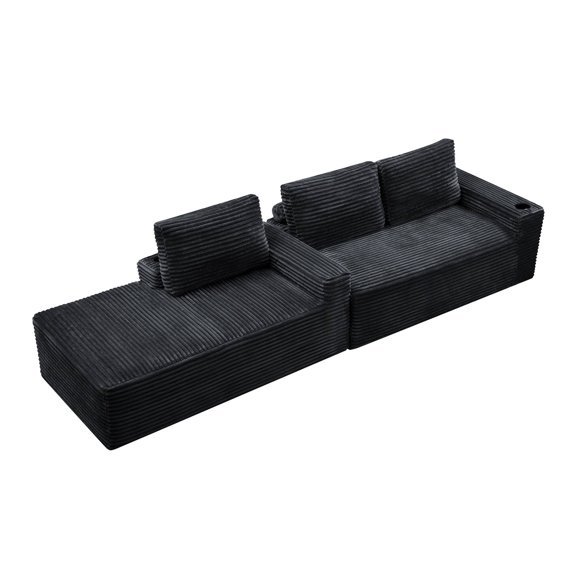 Back. Boyel Living - 104.3-Inch Corduroy Modular L-Shaped Cloud Sectional Sofa with Chaise - Black.