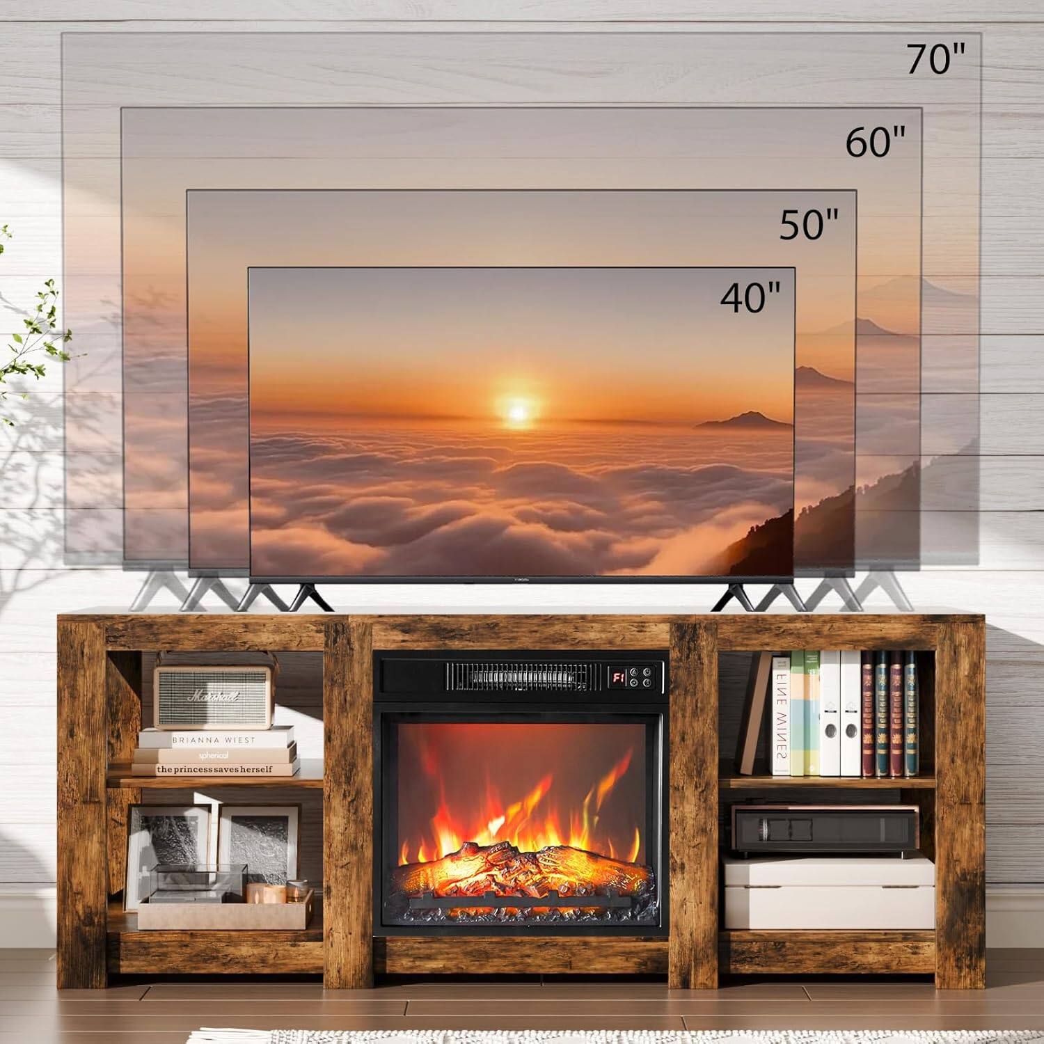 Alt View 5. Winado - 70" Fireplace TV Stand Table with Remoted 18" Embedded Electric Fireplace Heater Entertainment Center for Up to 70in TVs - Rustic Brown.