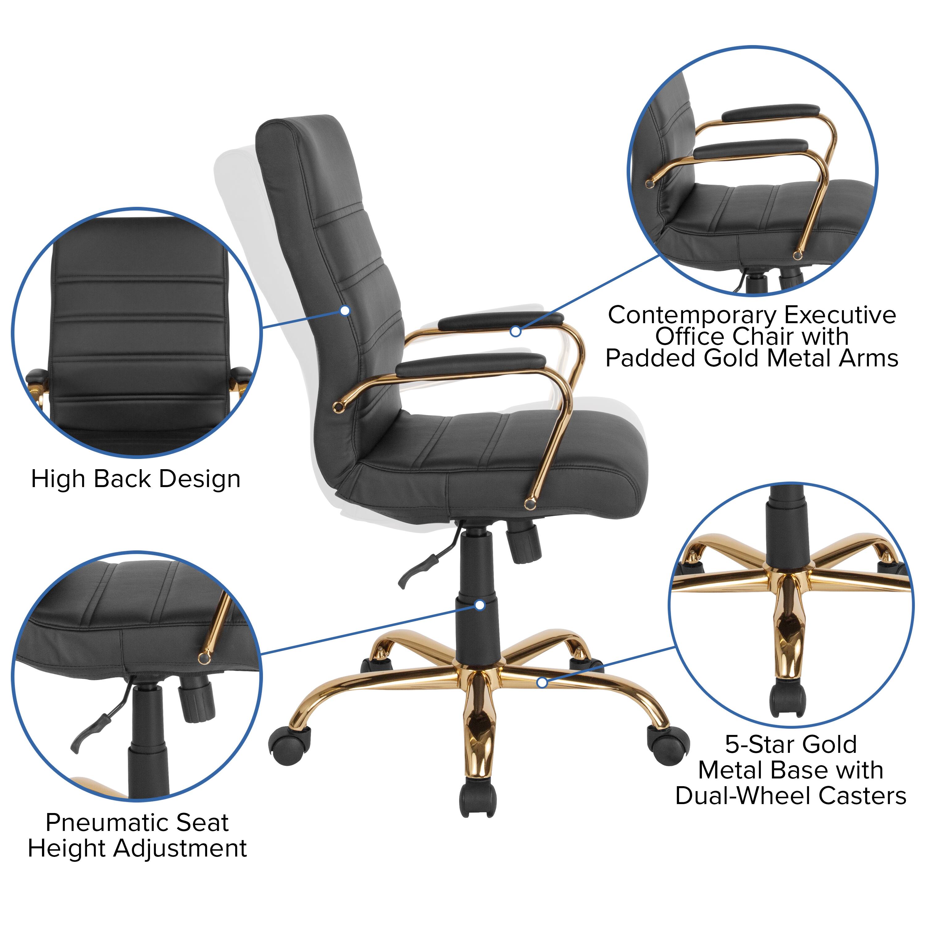 Contemporary Executive Office Chair with Padded Gold Metal Arms  
High Back Design  
Pneumatic Seat Height Adjustment  
5-Star Gold Metal Base with Dual-Wheel Casters
