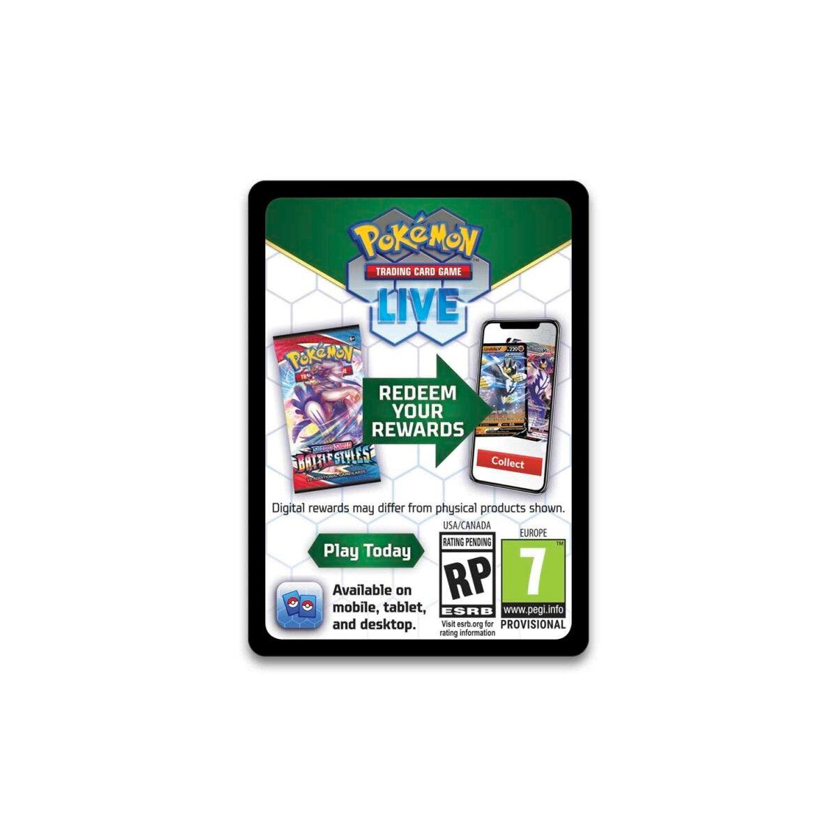 **Pokémon Trading Card Game Live**

**Redeem Your Rewards**

- Digital rewards may differ from physical products shown.
- USA/CANADA
- EUROPE
- Rating Pending

**Play Today**

Available on mobile, tablet, and desktop.

**ESRB: RP 7**

Visit esrb.org for provisional rating information.

www.pegi.info