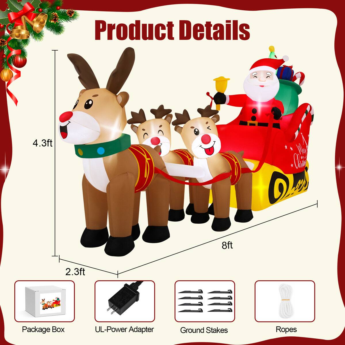 Product Details

- 4.3ft
- 8ft
- 2.3ft

Package Box
UL-Power Adapter
Ground Stakes
Ropes
