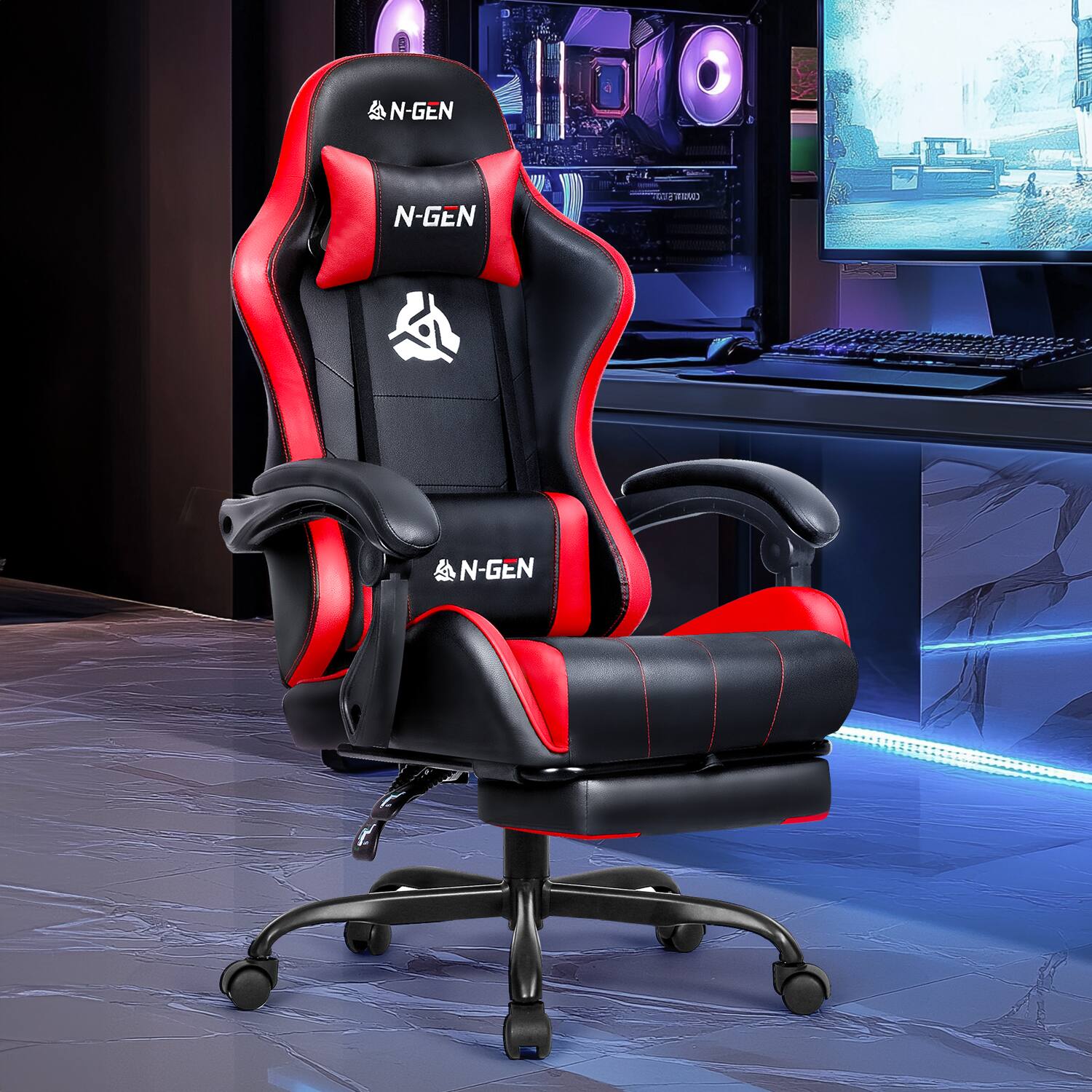 Neo Chair - Gaming Chair with Footrest High Back Ergonomic Comfortable Office Computer Desk Lumbar Support with PU Leather Recliner - Red