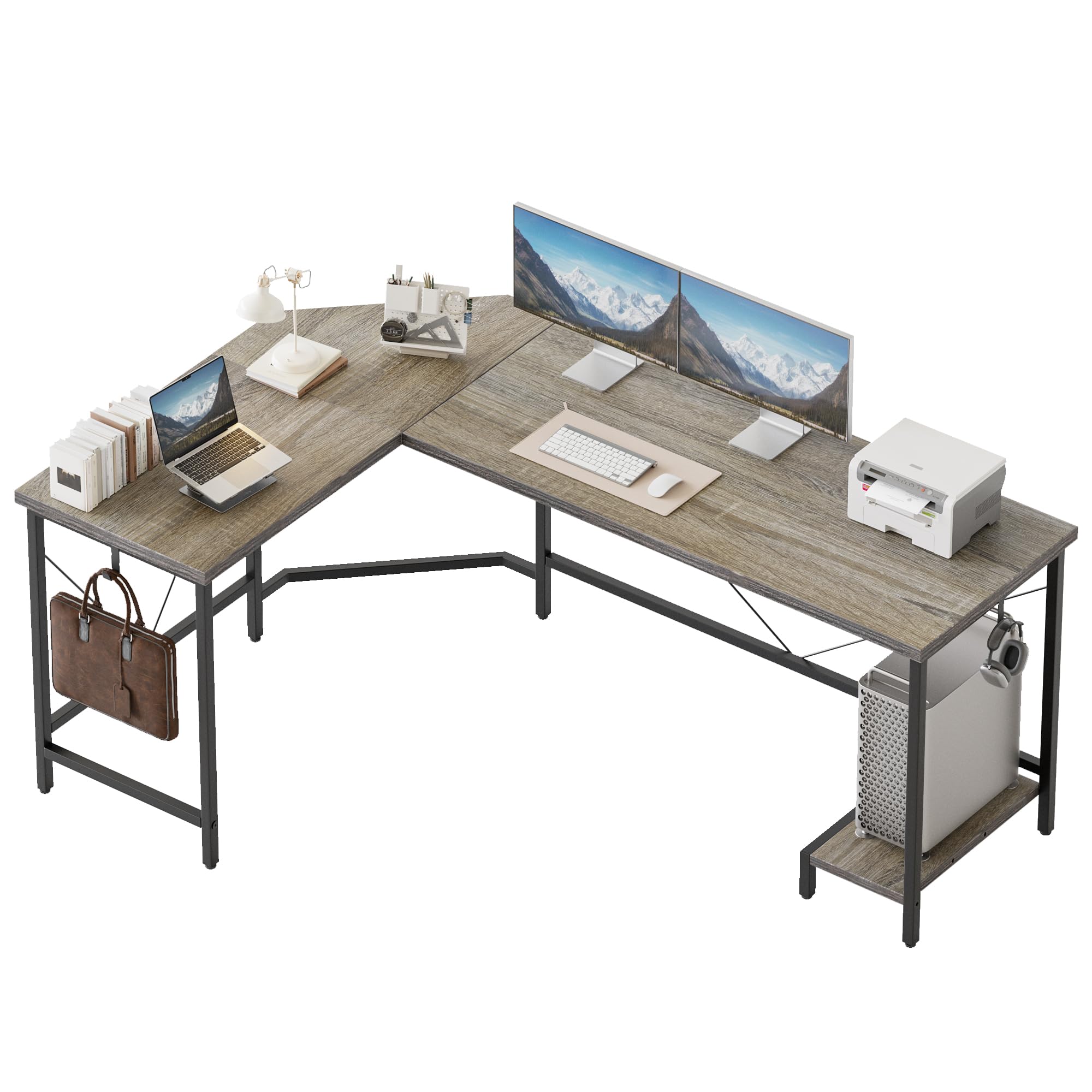 Fabibe - 66" L Shaped Gaming Desk Corner Computer With Cpu Stand Sturdy Large For Home Office Writing Workstation Table - Cpu Stand, Grey 50 inch