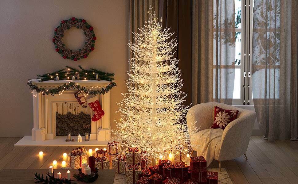 Alt View 6. Tiramisubest - 6FT Pre-lit Aspen Fir Artificial Christmas Tree,Hinged Xmas Tree 623 Snow Flocked Branch Tips,420 Warm Yellow LED Lights - White.