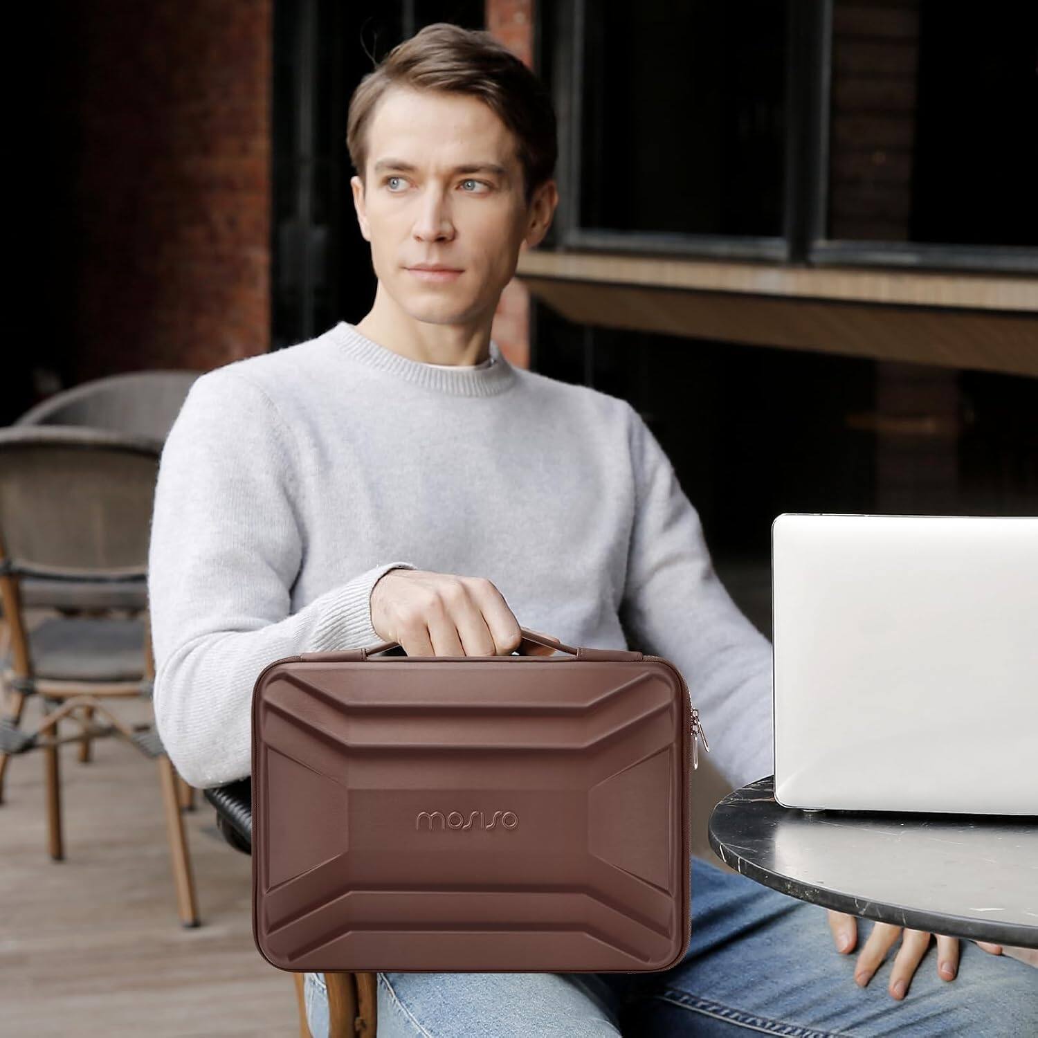 Alt View 2. mosiso - Waterproof Laptop Sleeve 13-14 inch EVA Hard Shell Laptop Carrying Case with Handle for MacBook Air Pro 13 14 HP Dell - Brown.