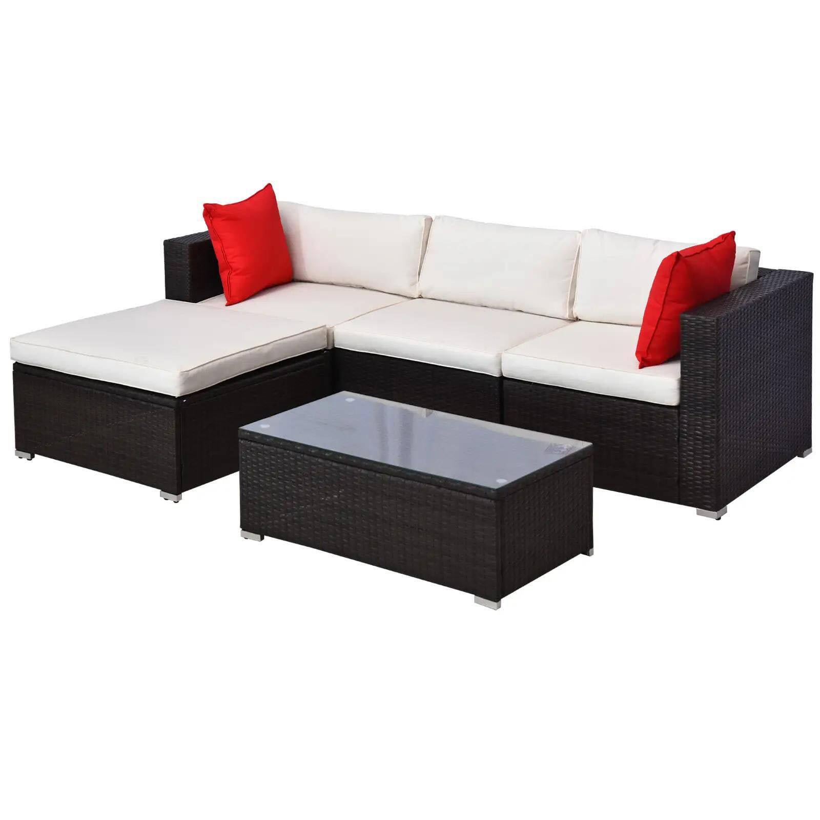 Angle. Resenkos - Resenkos 5-Piece Rattan Patio Sectional Set, Brown and Cream white - Brown and Cream white.