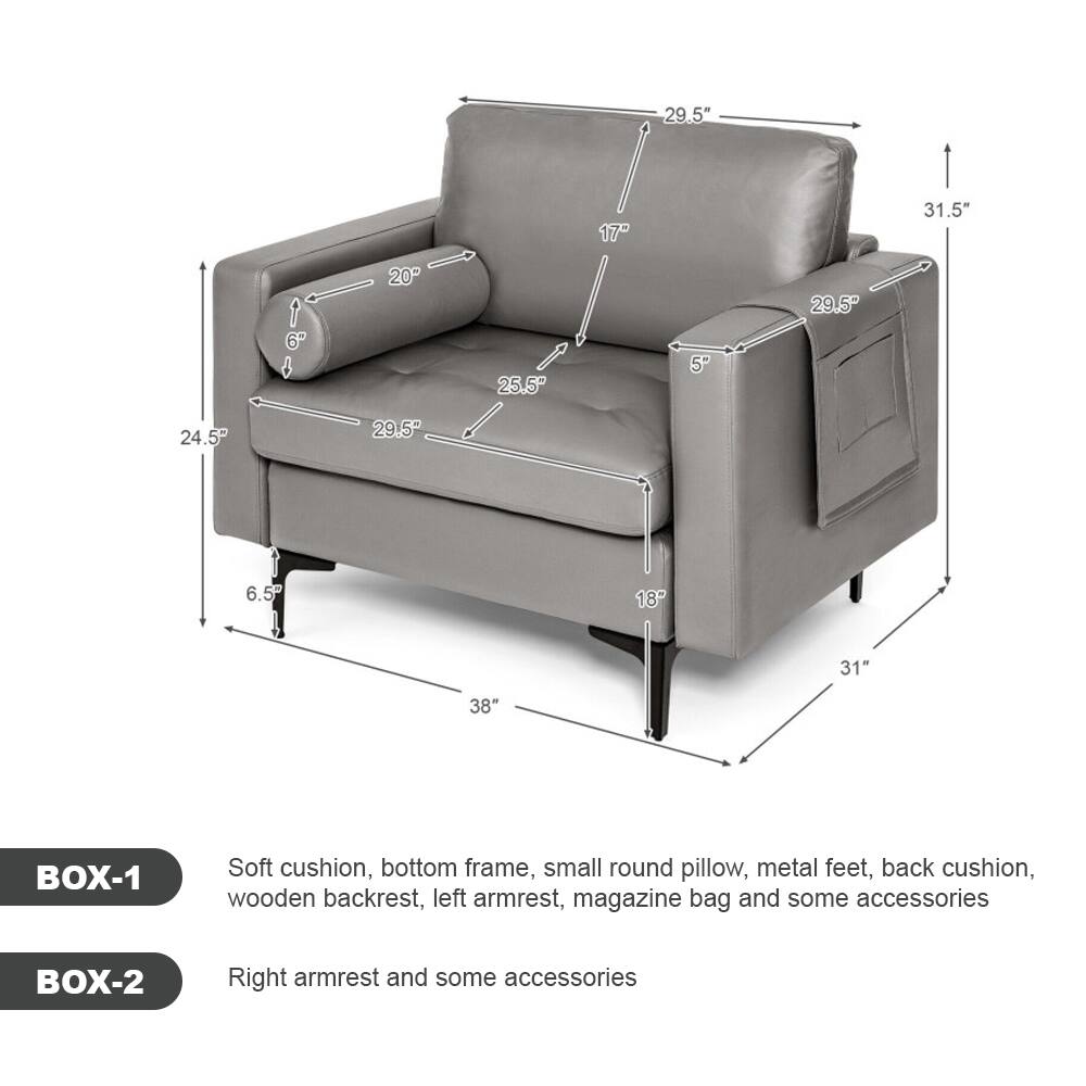 **BOX-1**
- Soft cushion
- Bottom frame
- Small round pillow
- Metal feet
- Back cushion
- Wooden backrest
- Left armrest
- Magazine bag
- Some accessories

**BOX-2**
- Right armrest
- Some accessories