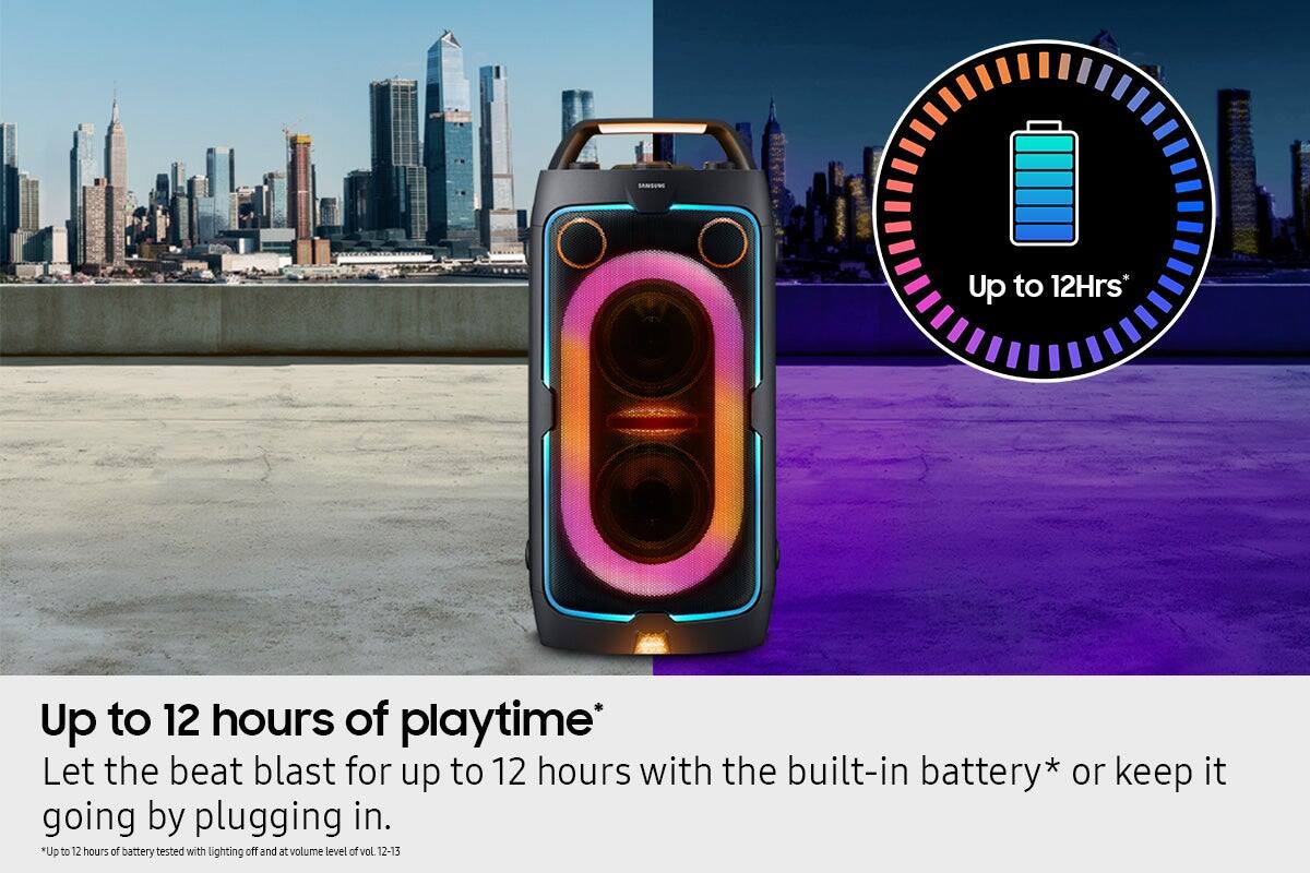 Up to 12 hours of playtime*  
Let the beat blast for up to 12 hours with the built-in battery* or keep it going by plugging in.  
*Up to 12 hours of battery tested with lighting off and at volume level of vol. 12-13