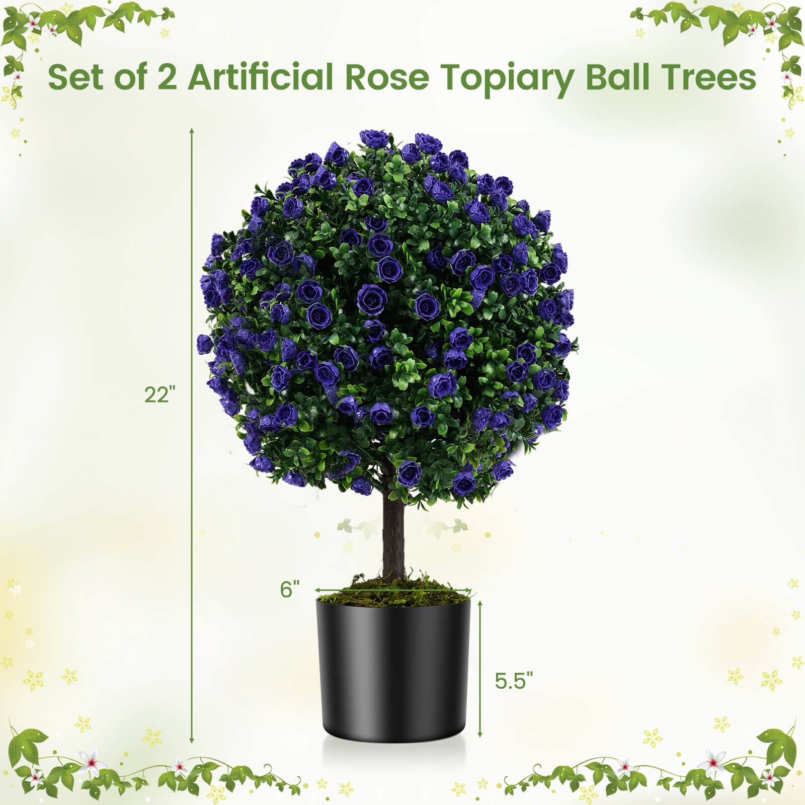 Set of 2 Artificial Rose Topiary Ball Trees: 22" (height), 6" (diameter), 5.5" (pot height).
