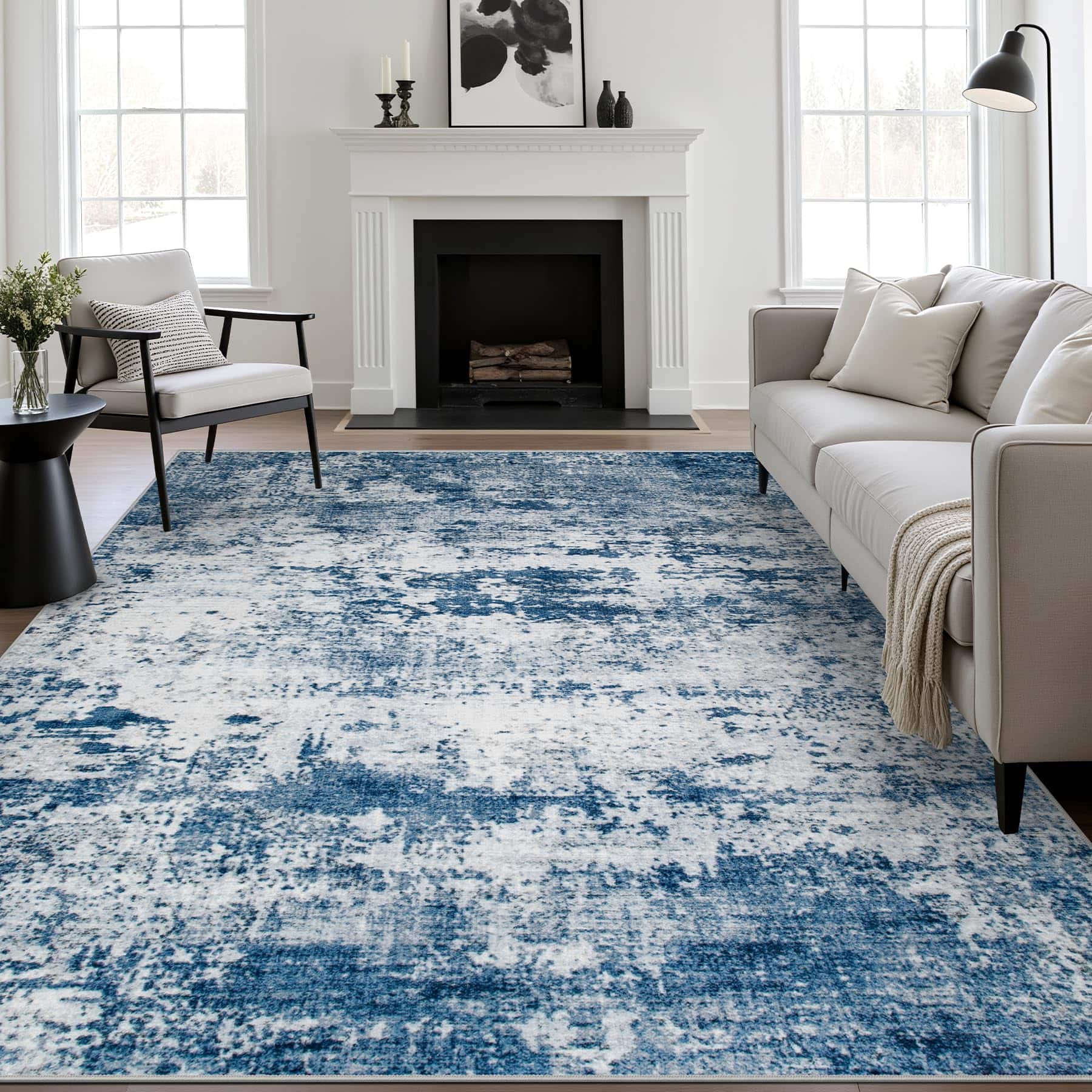 PARKER SLATER - 5x7 Area Rug Living Room Washable Modern Abstract Soft Thin Indoor Floor Slip Stain Resistant Carpet Bedroom Dining F - Blue