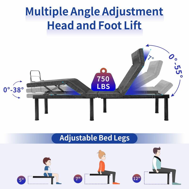 Multiple Angle Adjustment Head and Foot Lift 0-38 0-55 750 LBS, Adjustable Bed Legs 5" 7" 12"