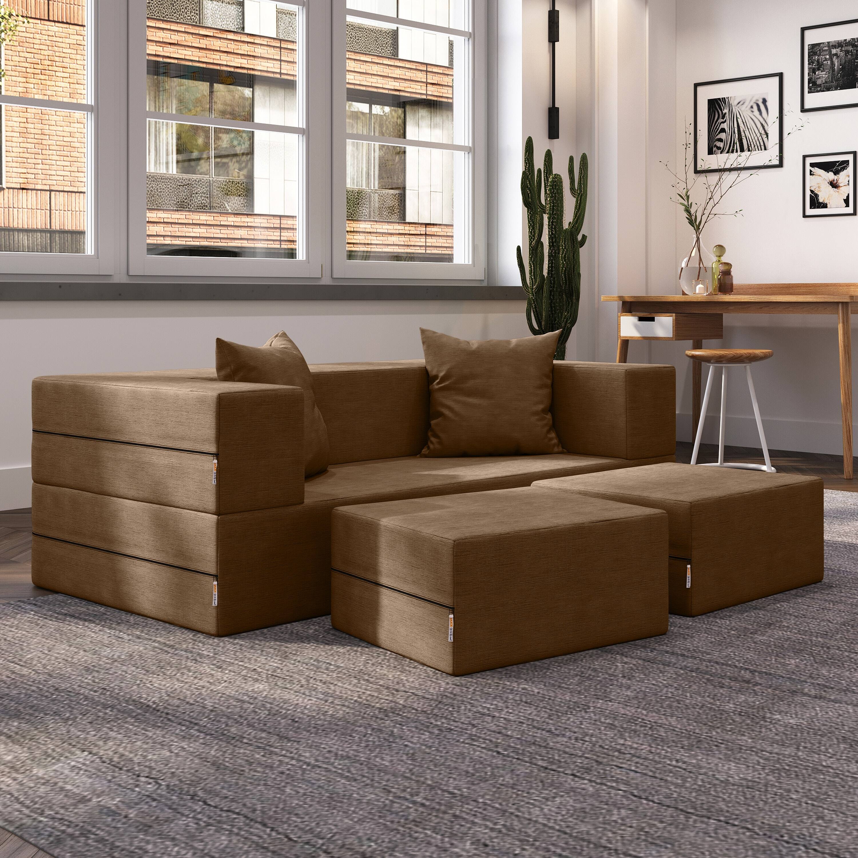 Left. Jaxx - Jaxx Zipline Convertible Sleeper Loveseat & Ottomans, Textured Microvelvet - Toffee - Toffee.