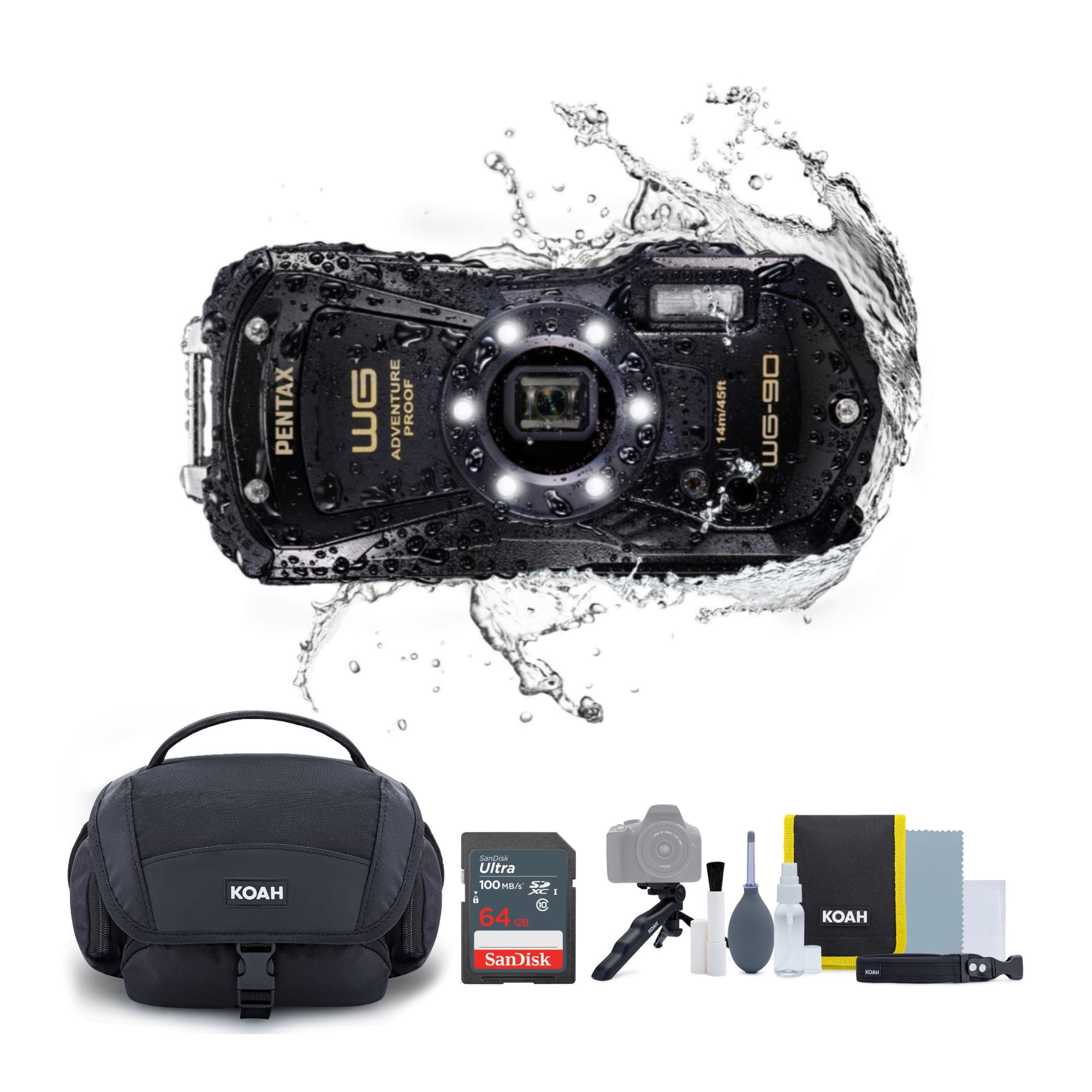 PENTAX - WG-90 Compact Camera, w. Accessory Cleaning Kit Bag and SanDisk 64GB Ultra SDXC UHS-I Memory Card - Black