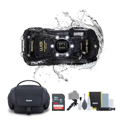 The image features a waterproof camera and accessories, including a bag, a waterproof case, a lens cap, and a memory card. The camera is designed to be used in water and is likely an adventure-proof model. The memory card is specifically designed for waterproof cameras, ensuring that the user's photos and videos are not lost due to water damage. The waterproof case and lens cap provide additional protection for the camera and lens, making it even more suitable for underwater use.