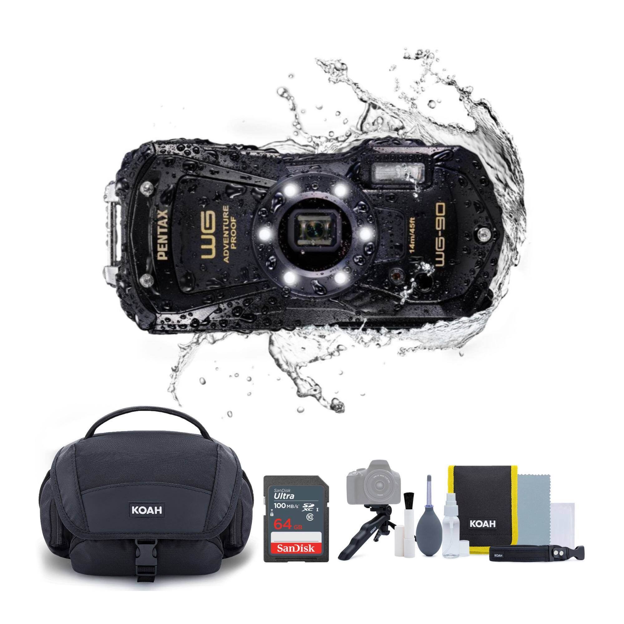 The image features a waterproof camera and accessories, including a bag, a waterproof case, a lens cap, and a memory card. The camera is designed to be used in water and is likely an adventure-proof model. The memory card is specifically designed for waterproof cameras, ensuring that the user's photos and videos are not lost due to water damage. The waterproof case and lens cap provide additional protection for the camera and lens, making it even more suitable for underwater use.