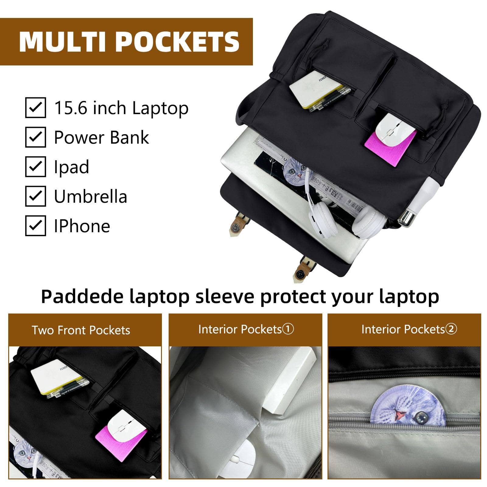 MULTI POCKETS

- 15.6 inch Laptop
- Power Bank
- Ipad
- Umbrella
- iPhone

Padded laptop sleeve protect your laptop

- Two Front Pockets
- Interior Pockets (1)
- Interior Pockets (2)