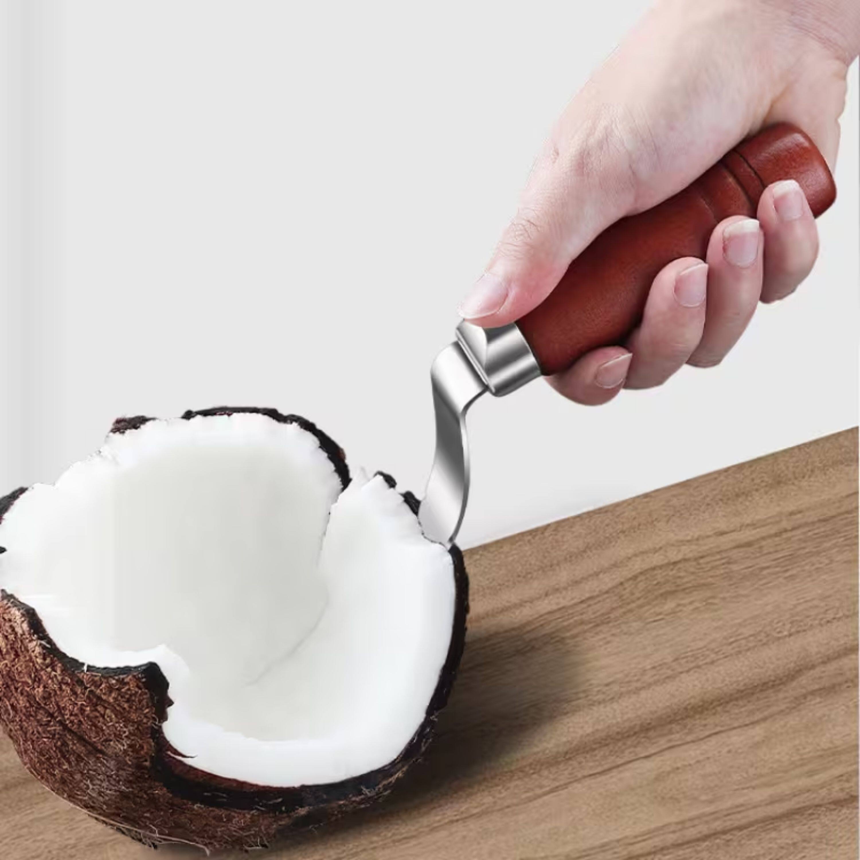 Back. Kitcheniva - Stainless Steel Coconut Meat Stripping Tool with Wooden Handle.