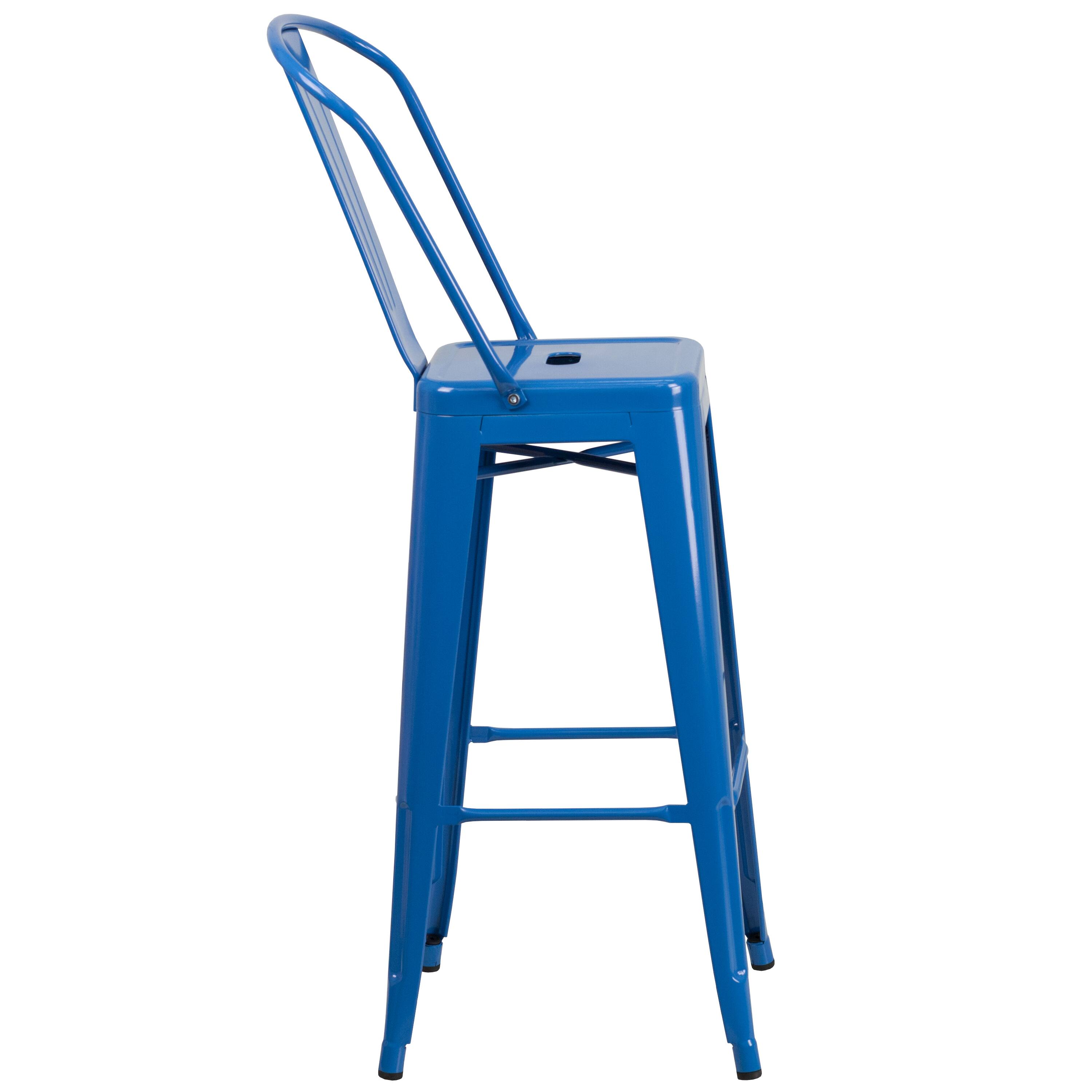 Alt View 6. Emma + Oliver - Commercial Grade 30"H Colorful Metal Indoor-Outdoor Barstool with Back - Blue.