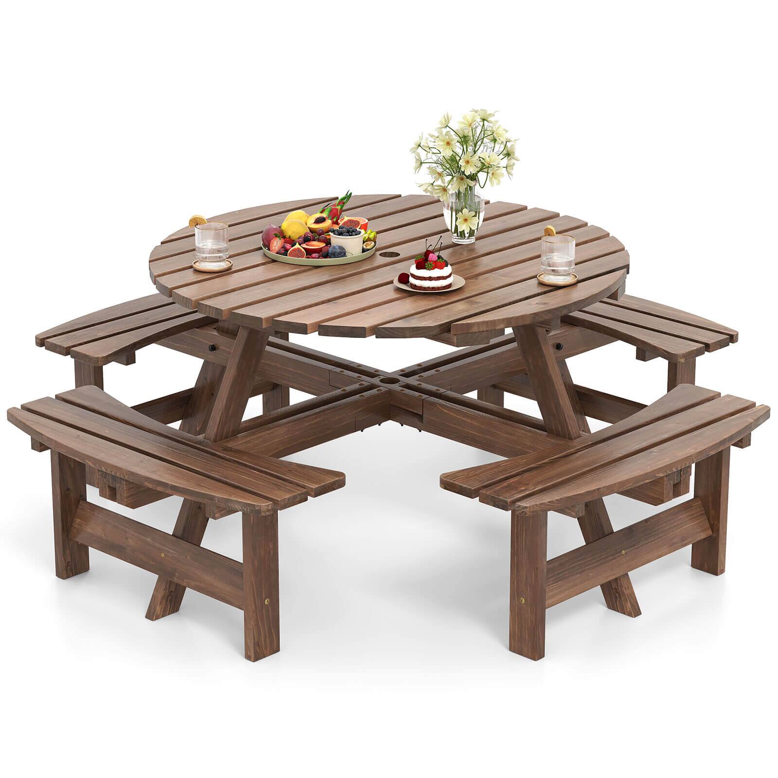 Alt View 9. Costway - Costway 8-Person Round Picnic Table Set with 4 Built-in Benches 2" Umbrella Hole - Brown.