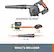 The text on the image is grouped and corrected as follows:
WORX WORKSHOP BLOWER - 2 - 2A CHARGER - 2.0AH BATTERY - AIR TUBE - WHAT'S INCLUDED
