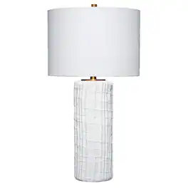 Manhattan Lane - Mena 28 Inch Table Lamp, Round Drum Shade, Grid Pattern Base - White, Brass