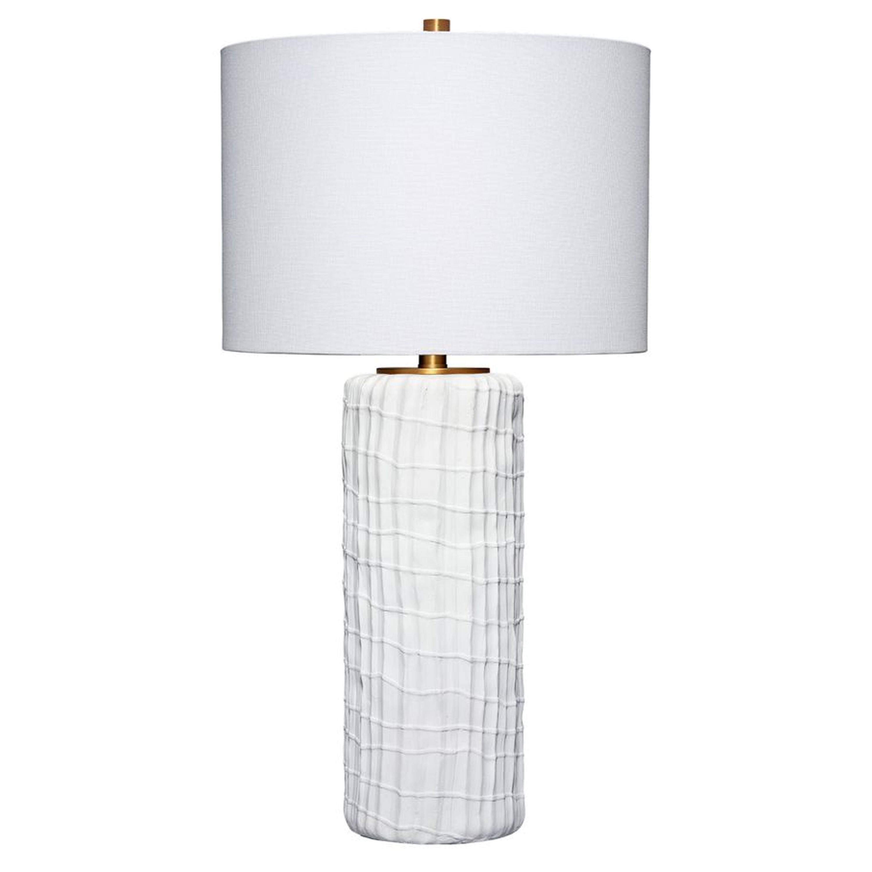 Manhattan Lane - Mena 28 Inch Table Lamp, Round Drum Shade, Grid Pattern Base - White, Brass