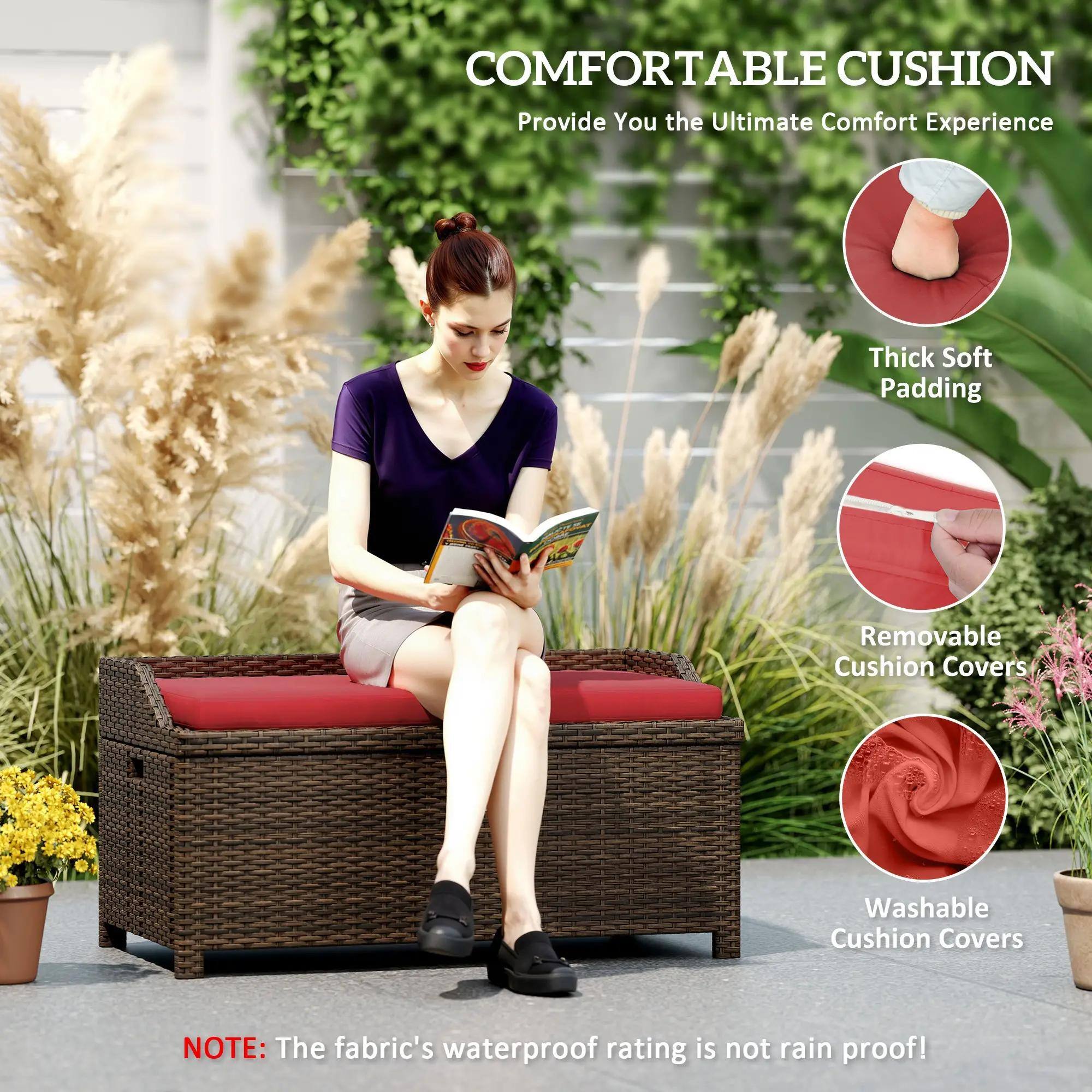 **COMFORTABLE CUSHION**  
Provide You the Ultimate Comfort Experience  

- Thick Soft Padding  
- Removable Cushion Covers  
- Washable Cushion Covers  

**NOTE:** The fabric's waterproof rating is not rain proof!