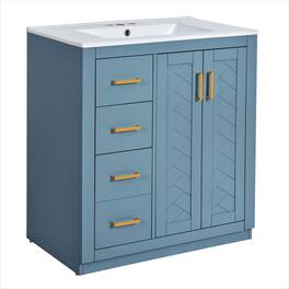 Boyel Living - 30 Inch Bathroom Vanity Indigo with Ceramic Sink Solid Wood Frame 3 Drawers 1 Cabinet - Blue