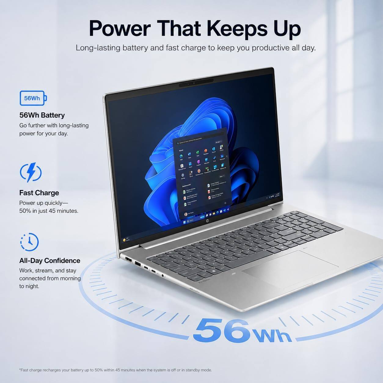 Power That Keeps Up  
Long-lasting battery and fast charge to keep you productive all day.

56Wh  
56Wh Battery  
Go further with long-lasting power for your day.

Fast Charge  
Power up quickly—50% in just 45 minutes.

All-Day Confidence  
Work, stream, and stay connected from morning to night.

56wh  
Fast charge recharges your battery up to 50% within 45 minutes when the system is off or in standby mode.