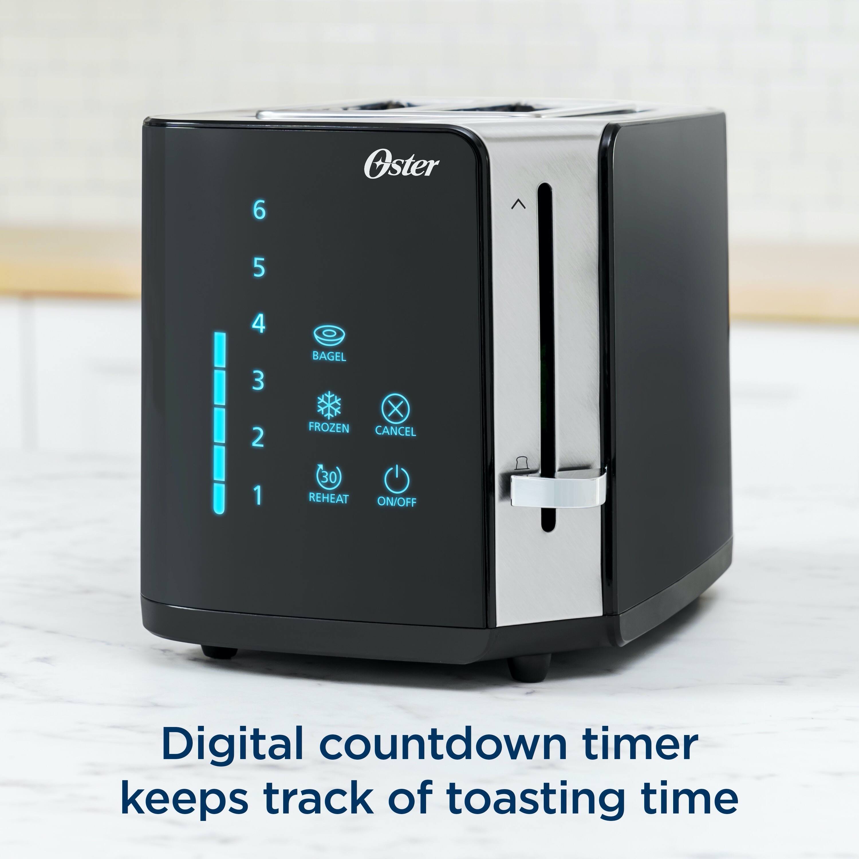 6 Oster > 5 4 3 2 BAGEL X FROZEN CANCEL 1 30 REHEAT ON/OFF Digital countdown timer keeps track of toasting time