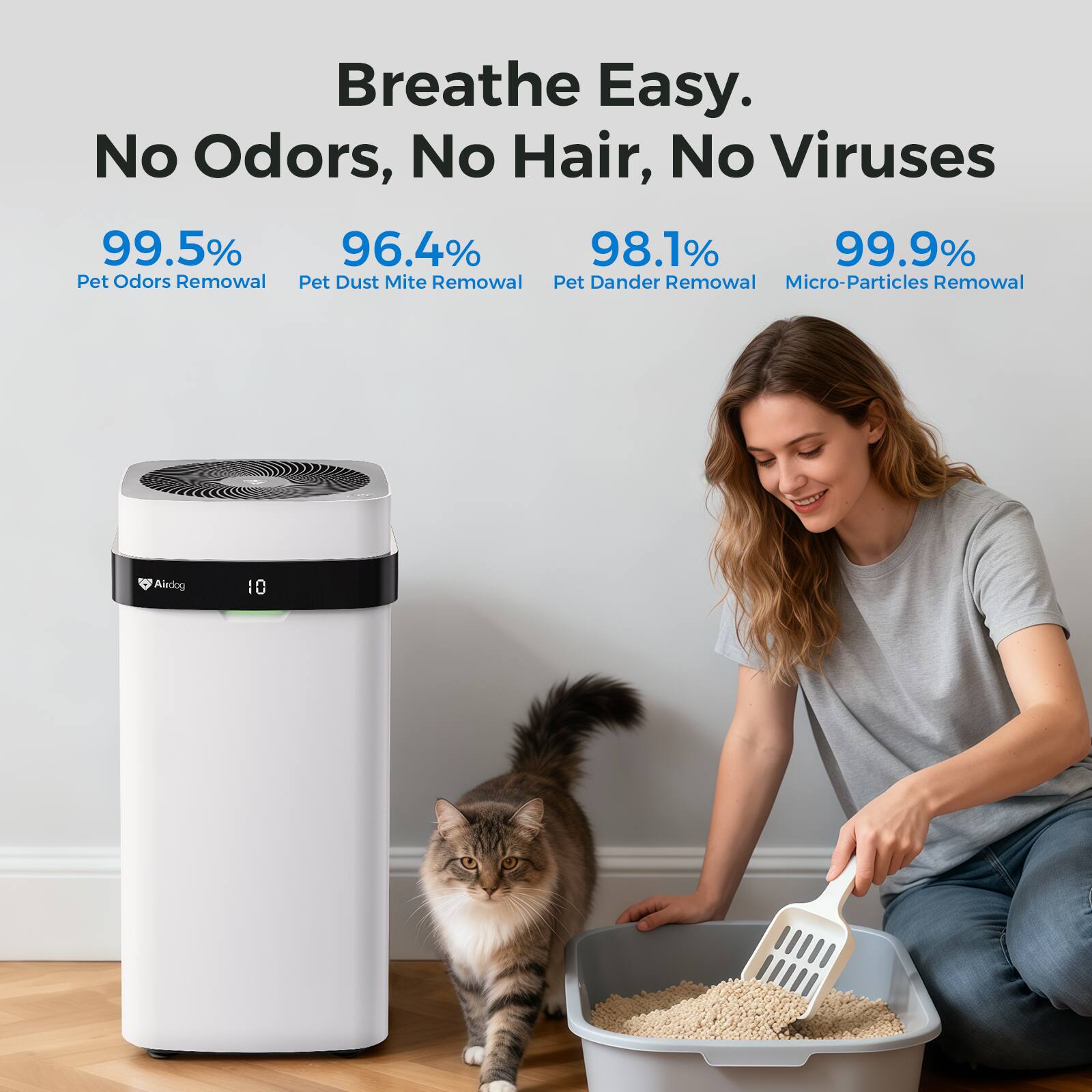 Breathe Easy.  
No Odors, No Hair, No Viruses  

99.5% Pet Odors Removal  
96.4% Pet Dust Mite Removal  
98.1% Pet Dander Removal  
99.9% Micro-Particles Removal  

Airdog 10