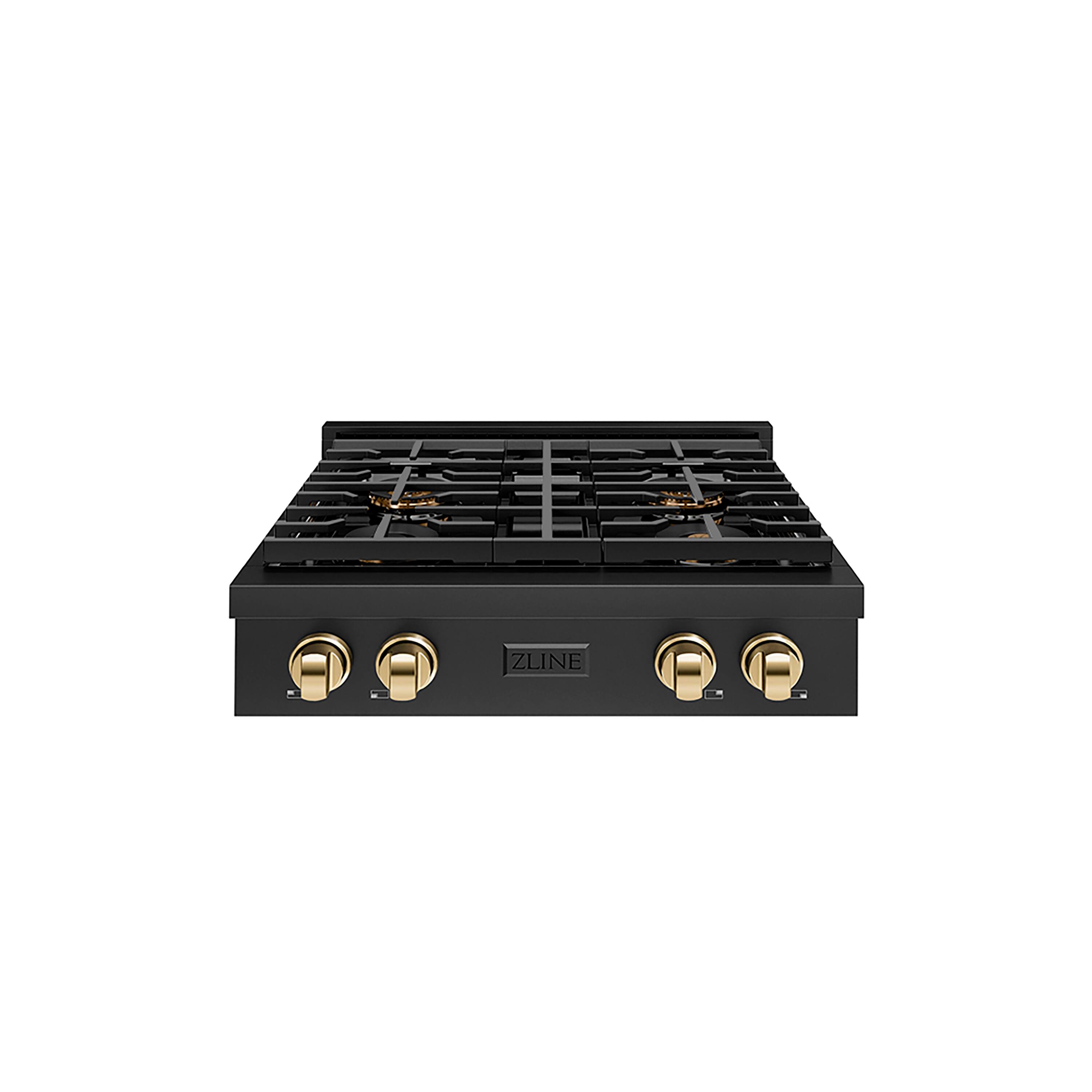 Front. ZLINE - ZLINE Autograph 30 in. Black Steel Paramount Gas Cooktop with 4 DuoPro Burners and Gold Accents (PSRTBZ-30-G) - Black Stainless Steel.