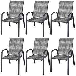 Costway - Set of 6 Patio Rattan Dining Chairs Stackable Armrest Garden - Gray
