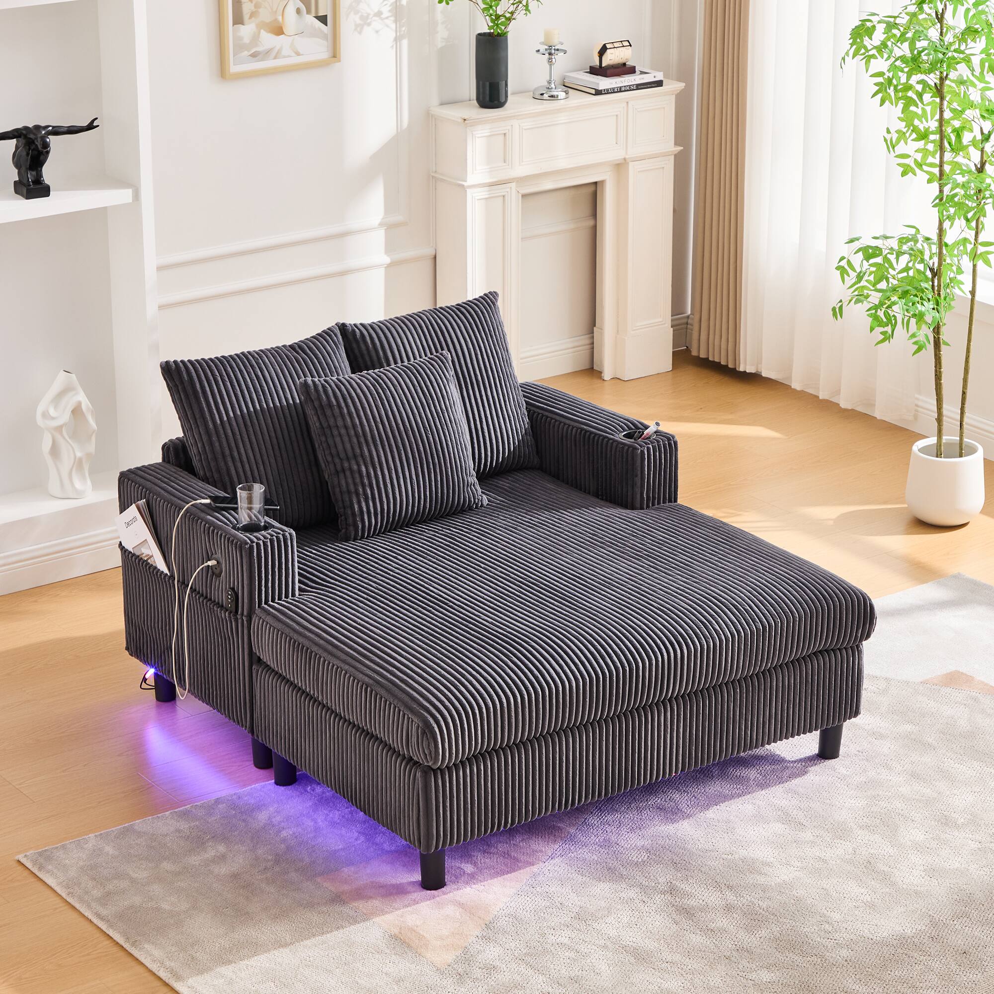 Back. Trinkets Crazed - Modern Corduroy Oversized Recliner Sofa with Deep Seat, USB Charging,RGB LED Light Strip - Dark Gray.