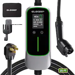 ELEGRP - Electric Vehicle Charger 40A Level 2 Portable, EV Charger 240V for BEVs/PHEVs, 25ft Cable W/NEMA 14-50 Plug - Black