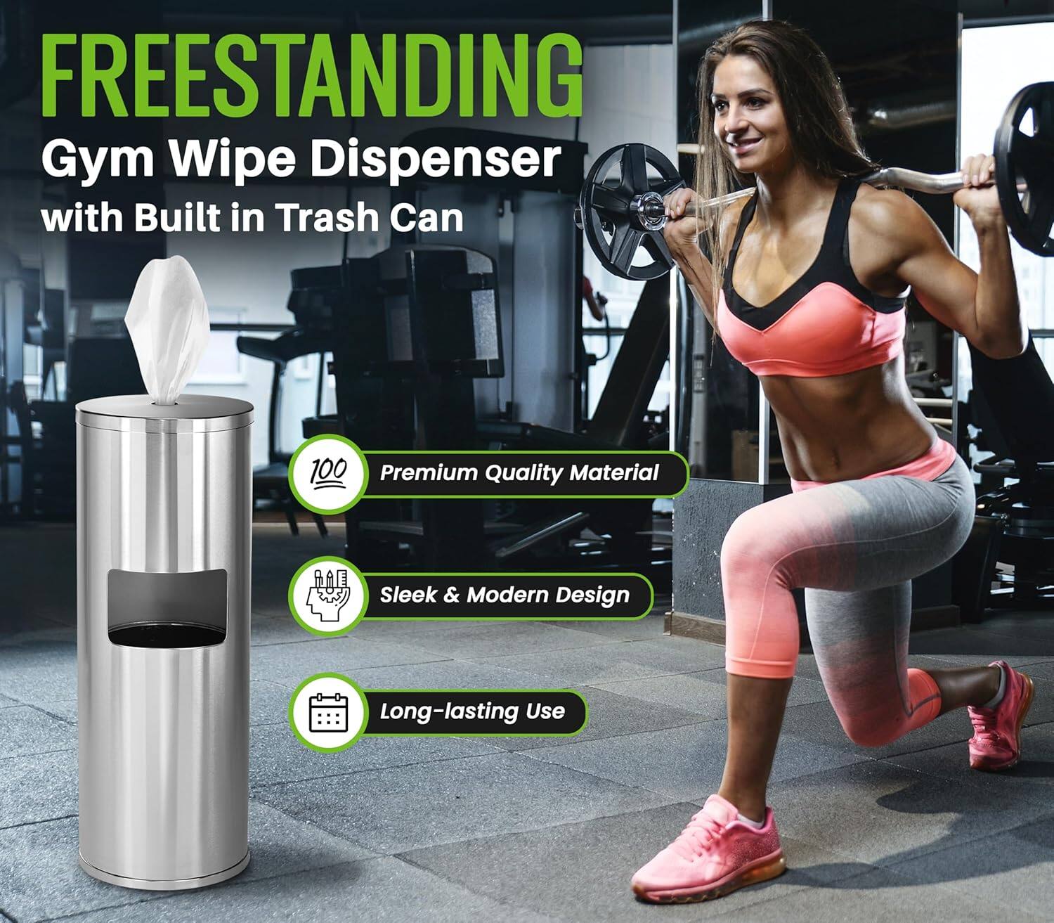 FREESTANDING Gym Wipe Dispenser with Built in Trash Can, 100 Premium Quality Material, Sleek & Modern Design, Long-lasting Use