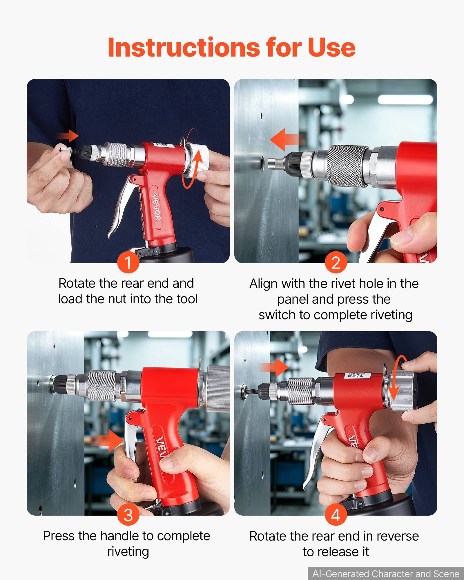 Instructions for Use

1. Rotate the rear end and load the nut into the tool
2. Align with the rivet hole in the panel and press the switch to complete riveting
3. Press the handle to complete riveting
4. Rotate the rear end in reverse to release it