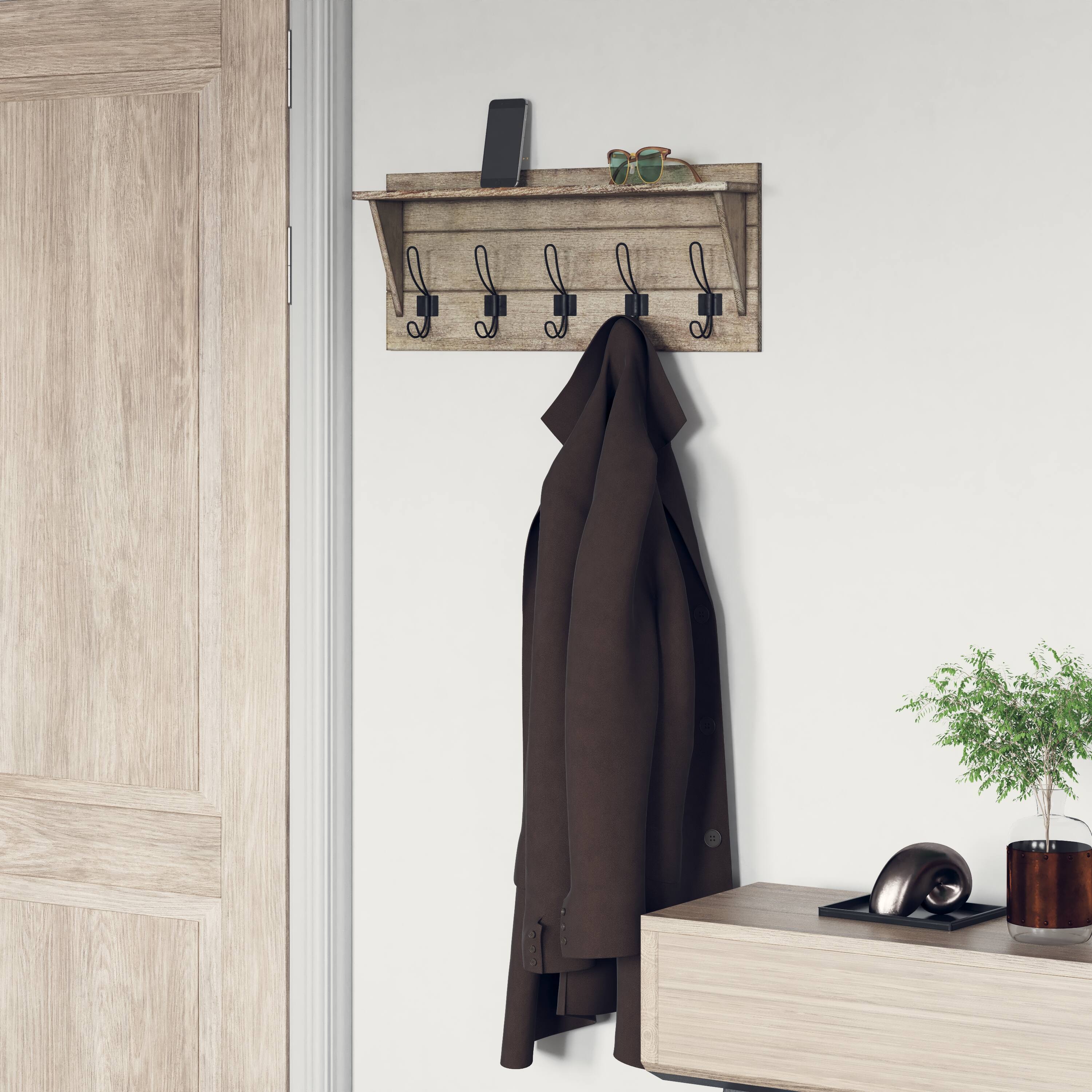 Alt View 1. Emma + Oliver - Alcott Rustic Country Wall Mounted Entryway Shelf with 5 Rustic Hooks and Wood Construction - Weathered Brown.