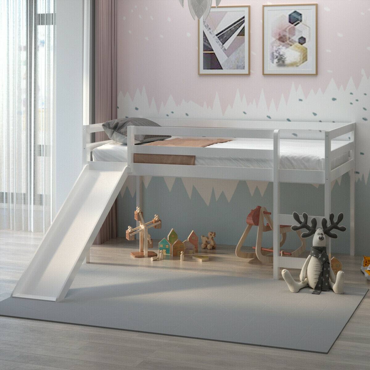 Front. Gymax - Gymax Twin Size Loft Bed with Slide Wood Low Sturdy Loft Bed Bedroom White - White.