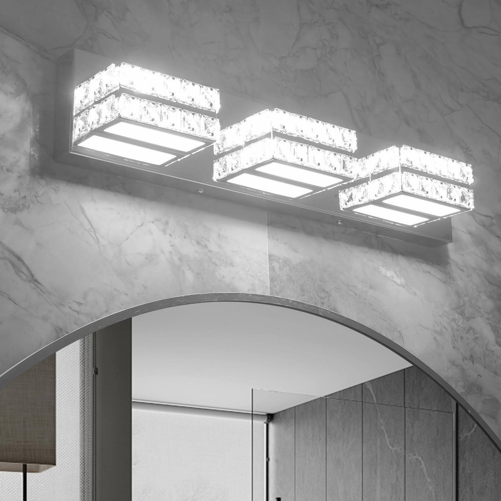 Front. TECH SAFARI - Crystal Vanity Lights Led Bathroom Light Fixture Over Mirror Modern Indoor Front Lamp k Cold Dimmable s w E - Chrome 3 Light Cold White Dimmable.