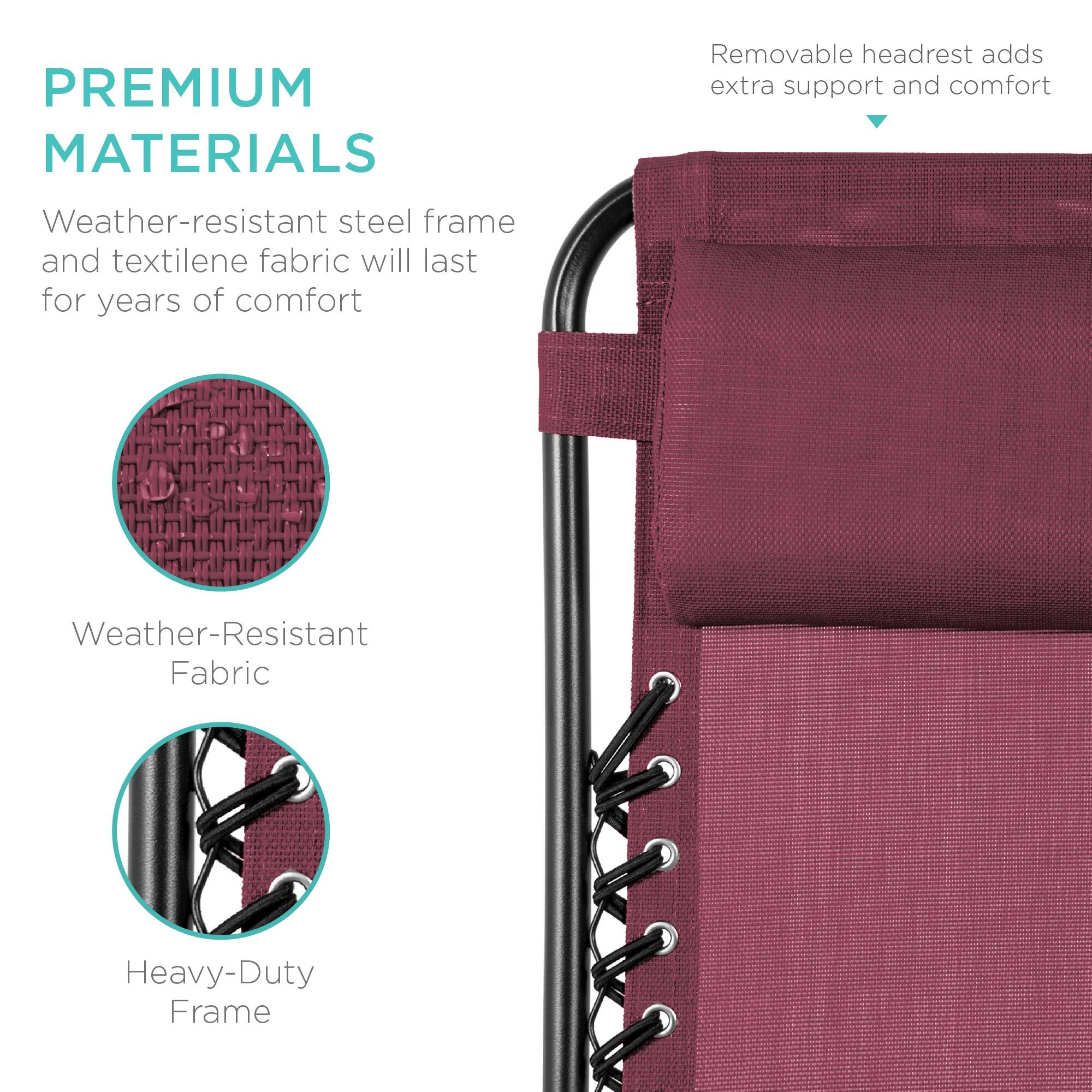 **PREMIUM MATERIALS**

- Weather-resistant steel frame and textilene fabric will last for years of comfort

- Removable headrest adds extra support and comfort

- Weather-Resistant Fabric

- Heavy-Duty Frame