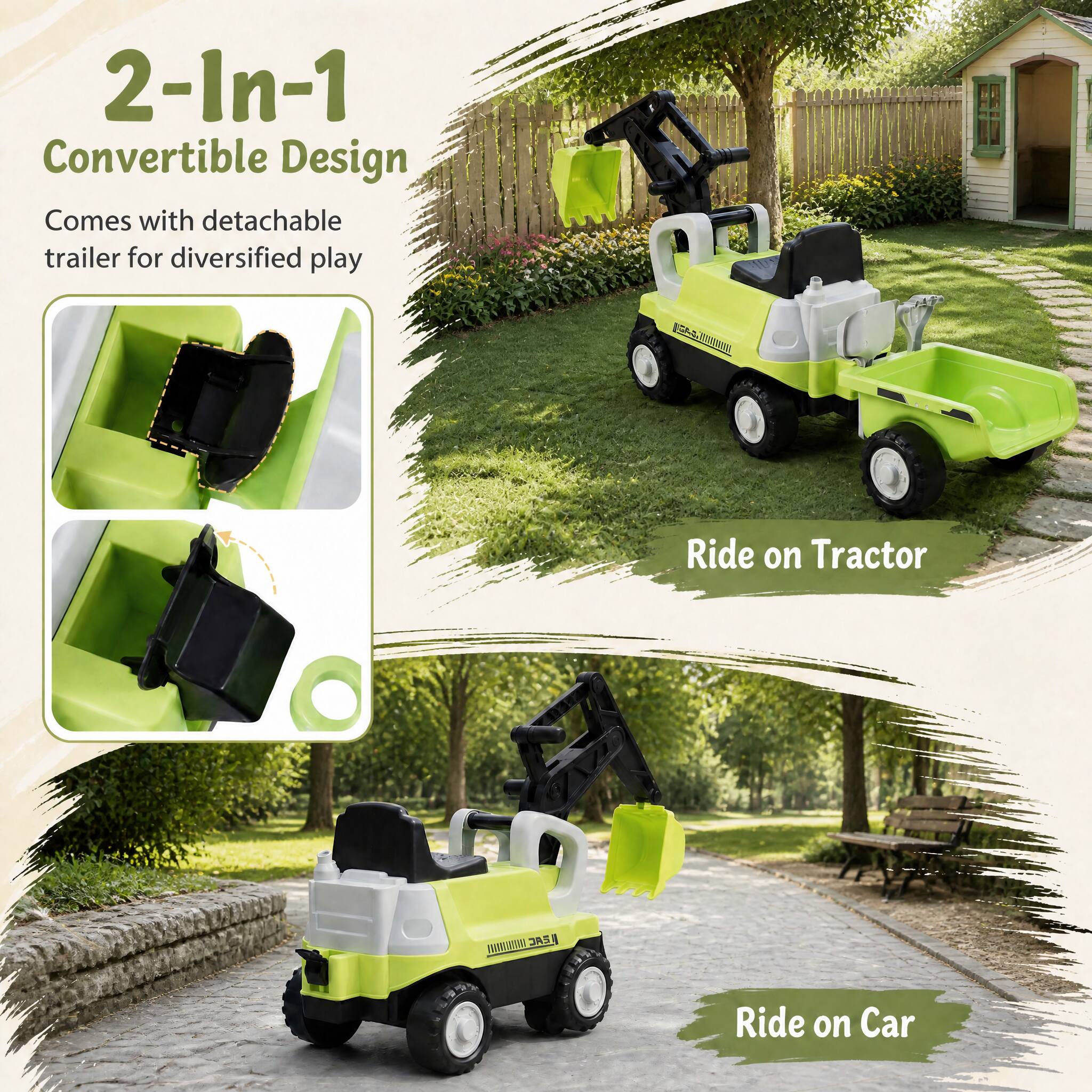 2-In-1 Convertible Design  
Comes with detachable trailer for diversified play  

ESPORY  
Ride on Tractor  
/ EAC  
Ride on Car