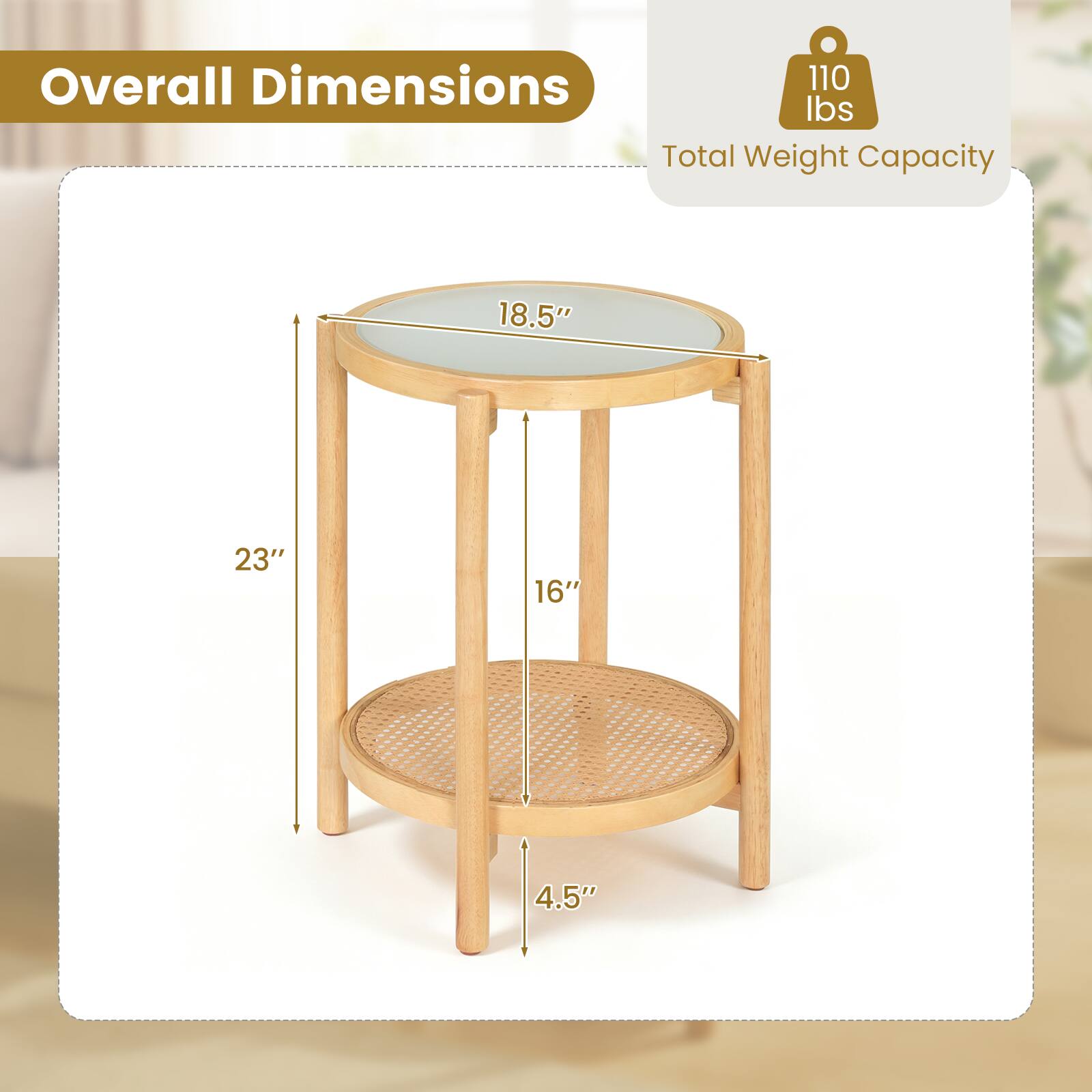 Overall Dimensions: 18.5" x 23" x 16" x 4.5"  
Total Weight Capacity: 110 lbs