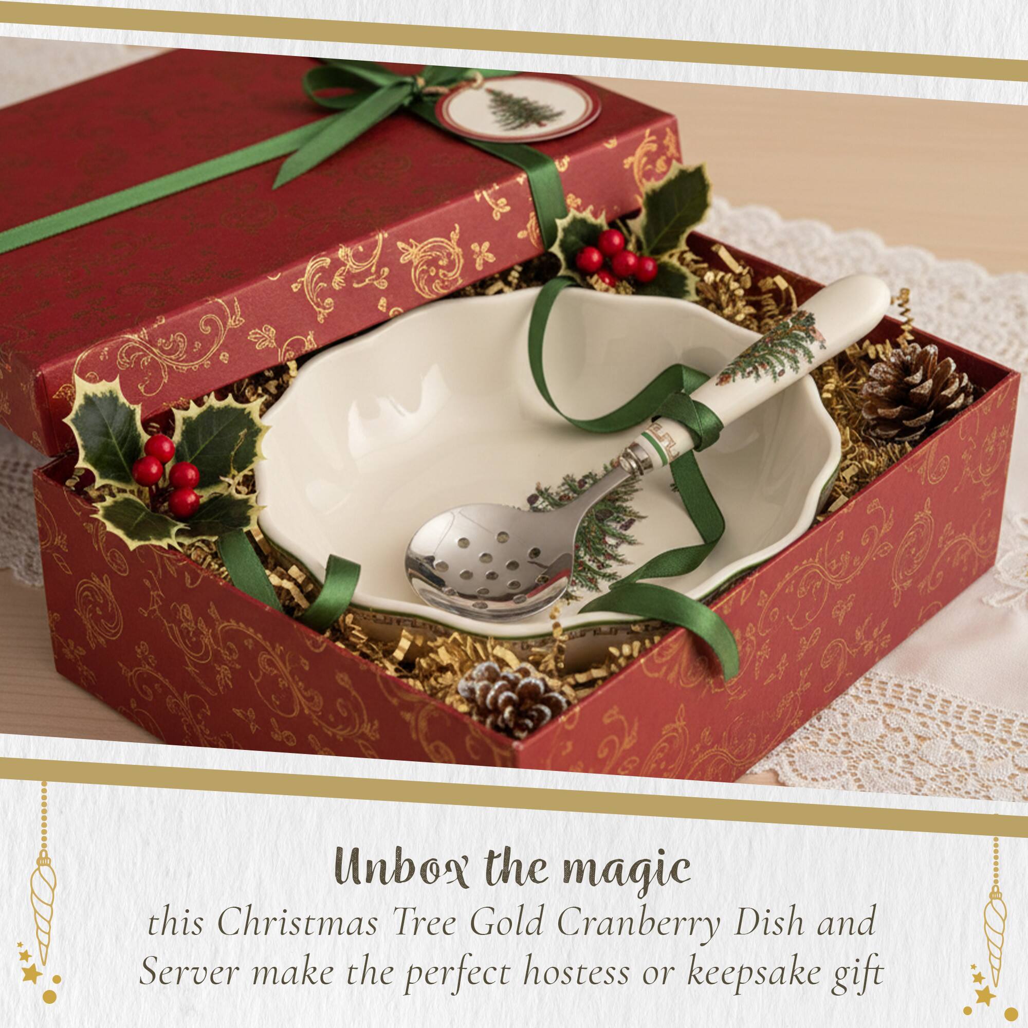 Spode Christmas Tree Gold Cranberry Dish & Server 8 Inch Serving Set ...