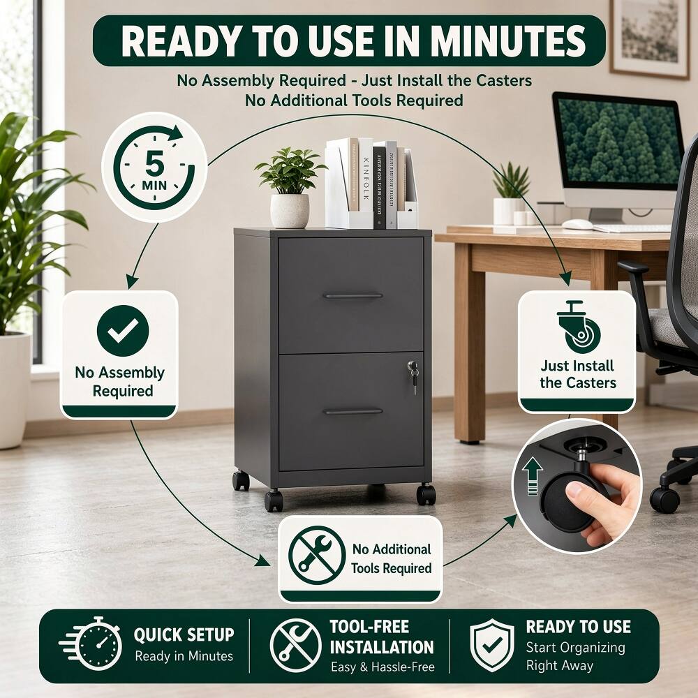 READY TO USE IN MINUTES  
No Assembly Required - Just Install the Casters  
No Additional Tools Required  

5 MIN  

No Assembly Required  
Just Install the Casters  
No Additional Tools Required  

QUICK SETUP  
Ready in Minutes  

TOOL-FREE INSTALLATION  
Easy & Hassle-Free  

READY TO USE  
Start Organizing Right Away