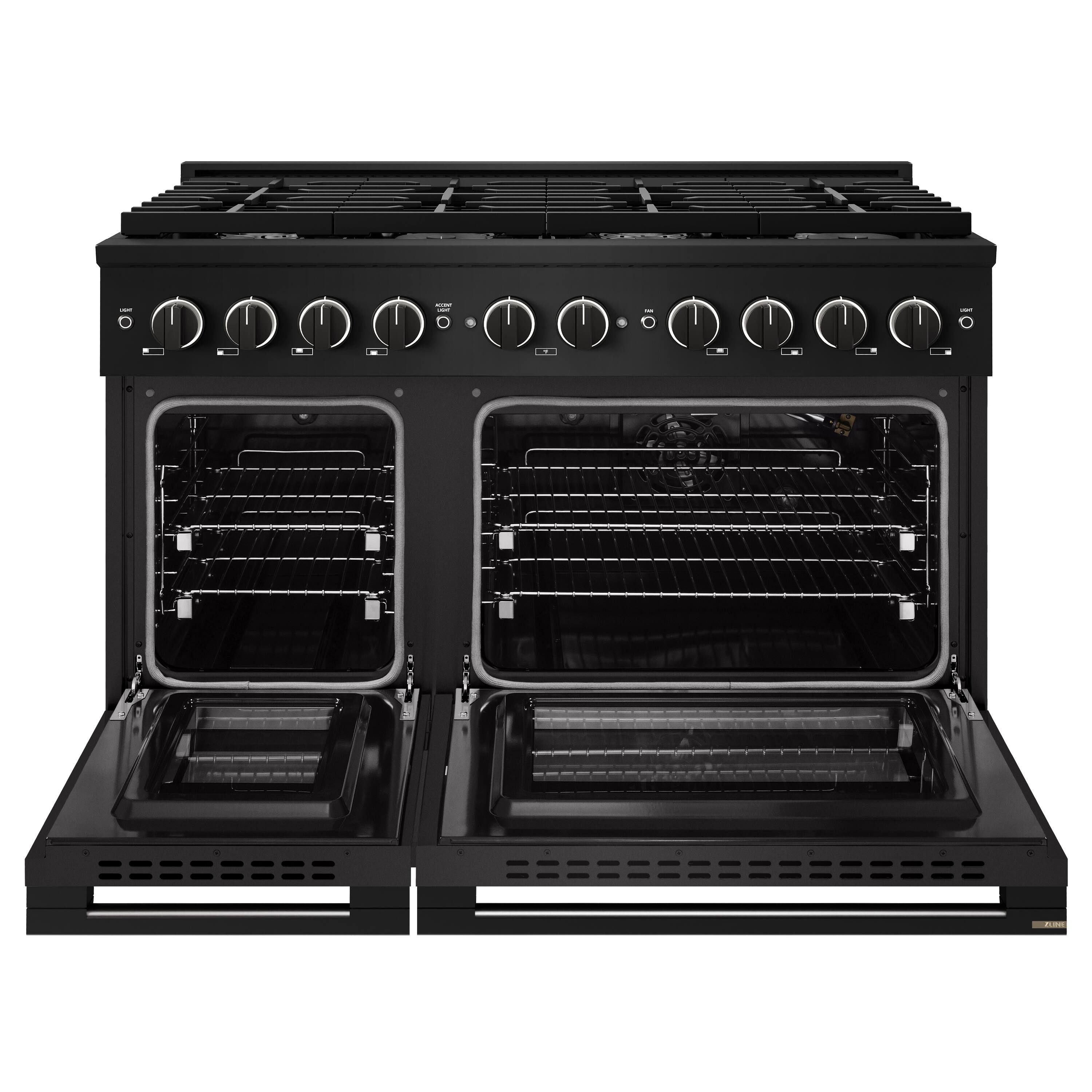 Angle. ZLINE - 48 in. 6.7 cu. ft. Marino Freestanding Double Oven Gas Range with 8 Burner Cooktop and Convection Gas Oven - Black Stainless Steel.