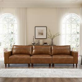 Ropilly - 112 Inch Faux Leather Sofa Brown Three Seat Living Room Couch with Wood Legs - Brown