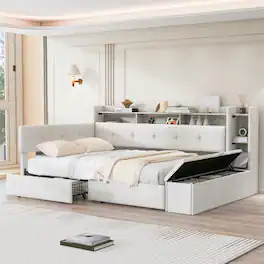 Whisen - Upholstered Daybed with Storage Drawers, LED Light, USB Ports & Footstool - Beige