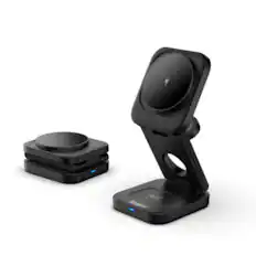 Front. Energizer - 3-in-1 Triple Folding 15W Magnetic MagSafe/Qi2, Universal Charging Station/Stand for Phones + AirPods + Apple Watch - Black.